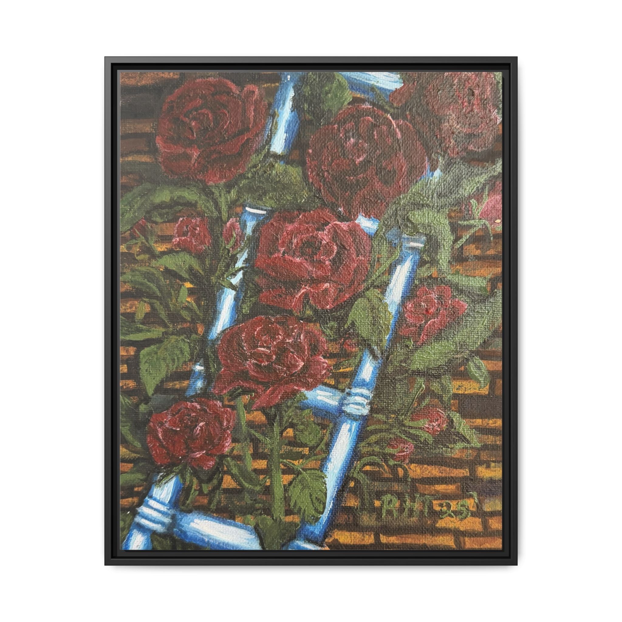 Framed Matte Canvas Art Print of Original Climbing Roses — Red Roses & Blue Ladder Floral Painting