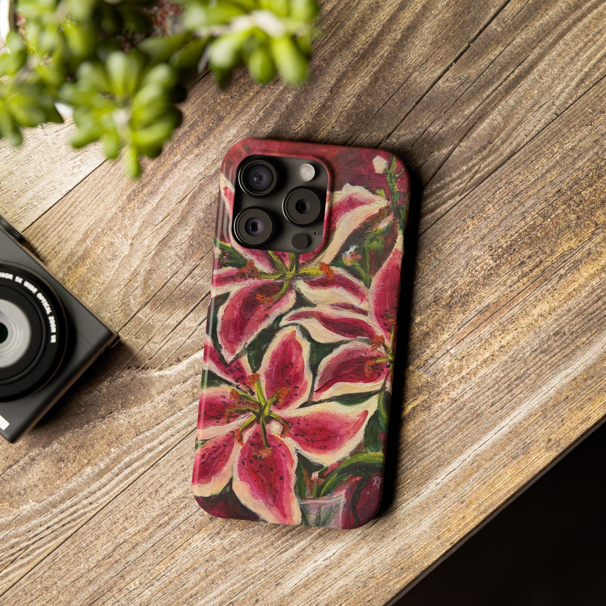 Slim Phone Case — Hand-Painted Pink Lily Floral Design