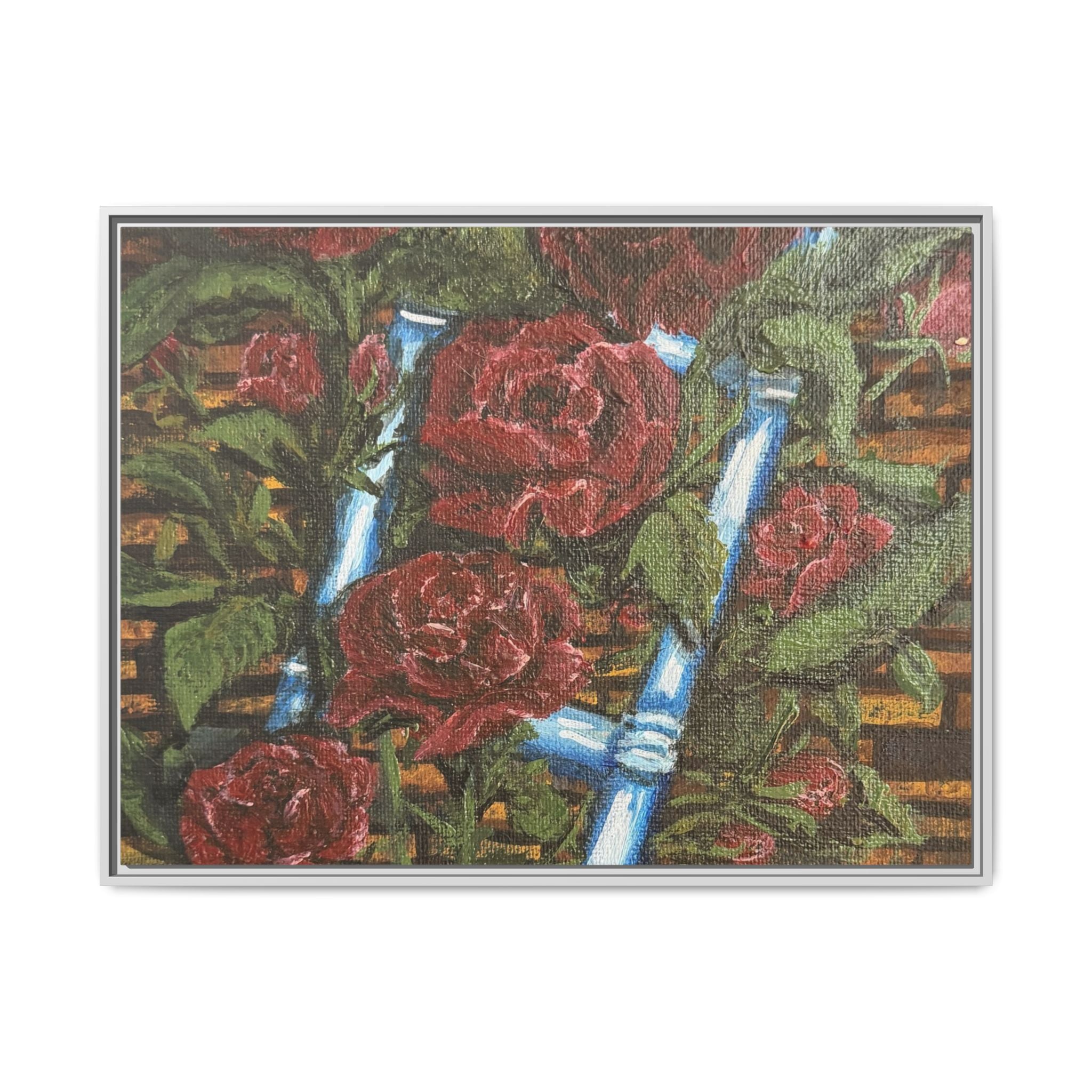 Framed Matte Canvas Art Print of Original Climbing Roses — Red Roses & Blue Ladder Floral Painting