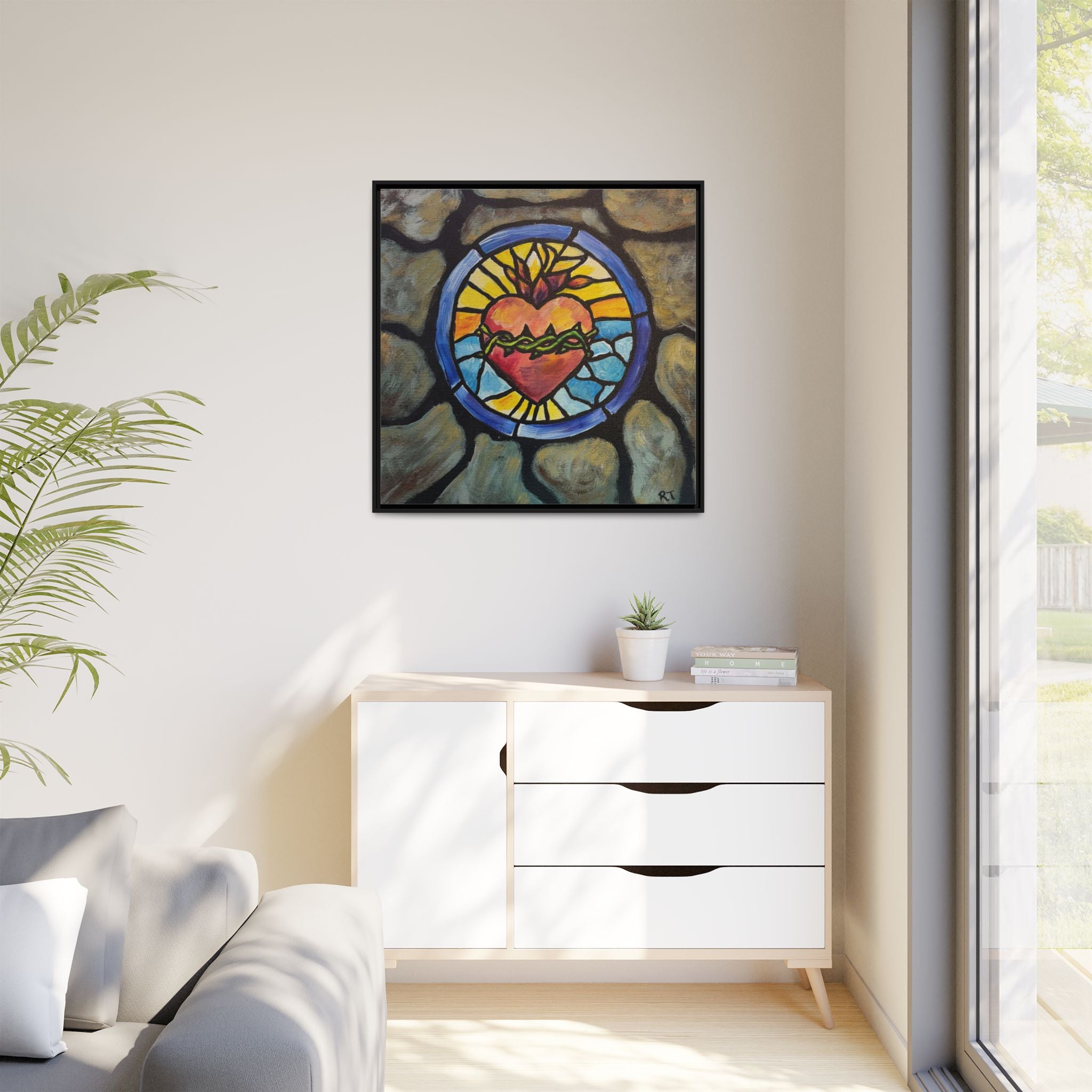Sacred Heart Stained Glass Print — Framed Matte Canvas