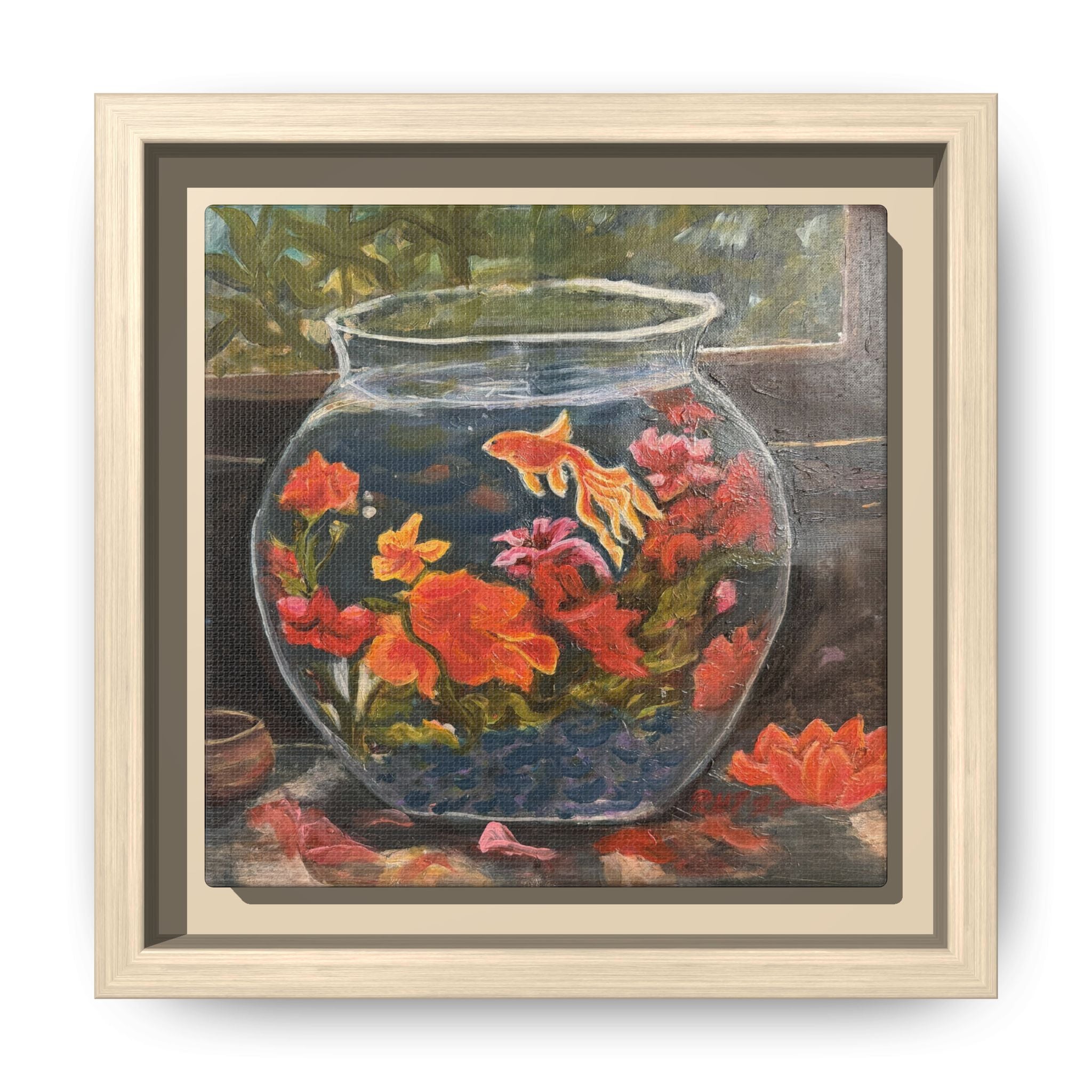 Framed Matte Canvas Print of Original– Colorful Goldfish Bowl Art