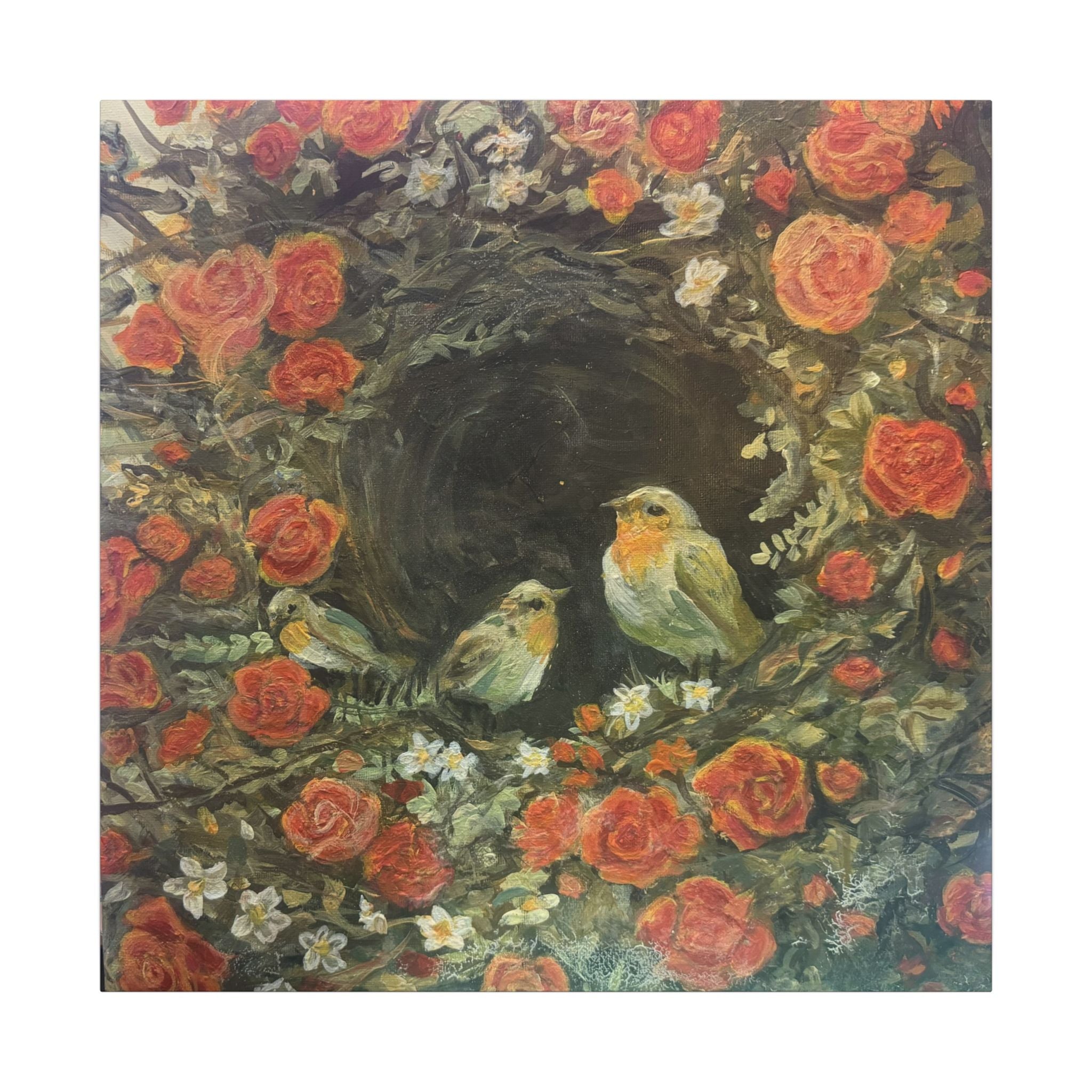 Canvas Wall Art Print of Original Nesting- Vintage Robins Nest with Roses Painting (Matte Stretched)