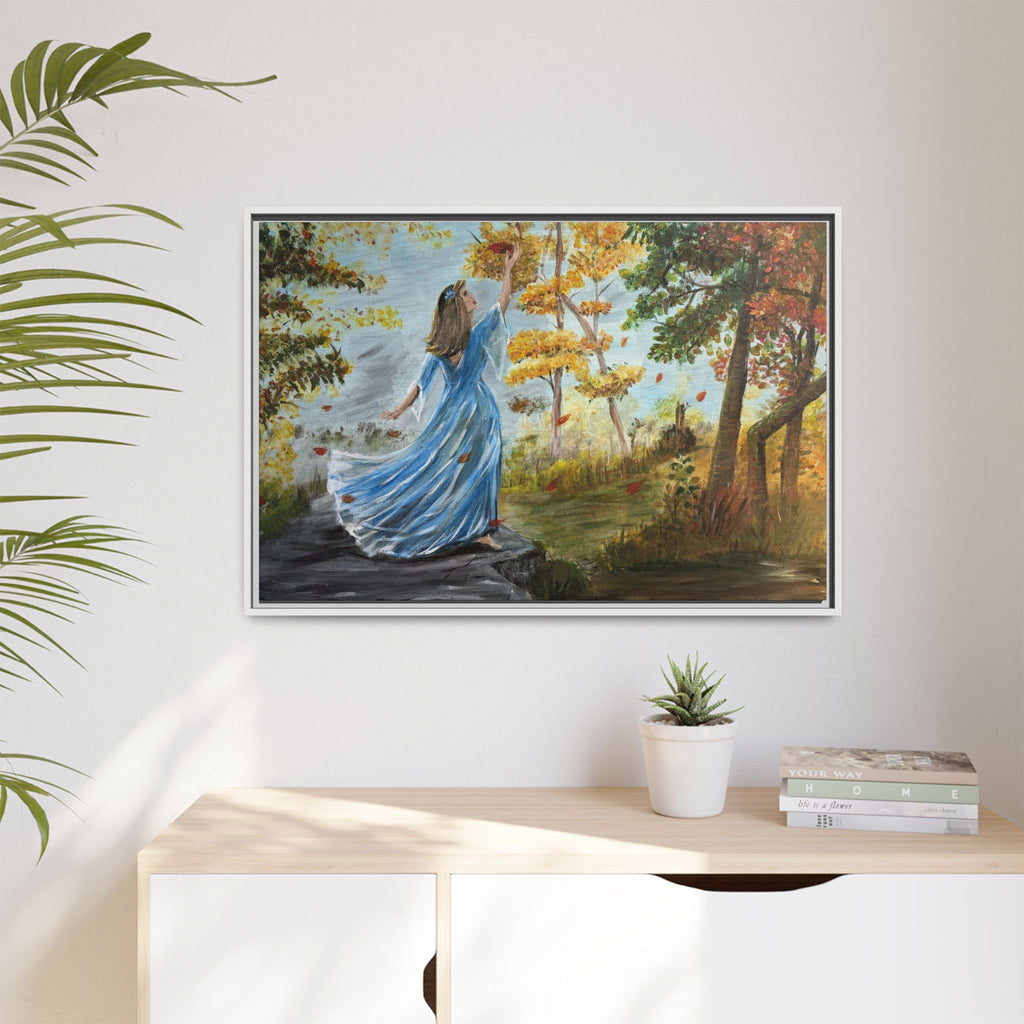 Autumn Breeze Canvas Print — Woman in Blue Dress Framed Wall Art
