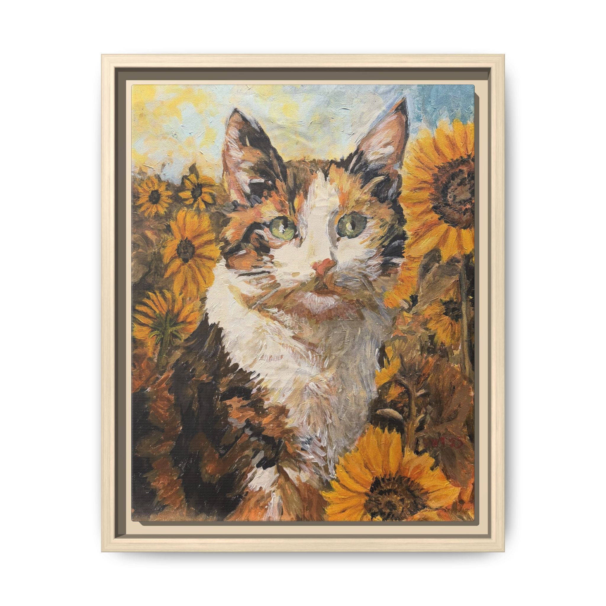 Dixie Cat in Sunflowers — Framed Matte Canvas Wall Art - Print of Original