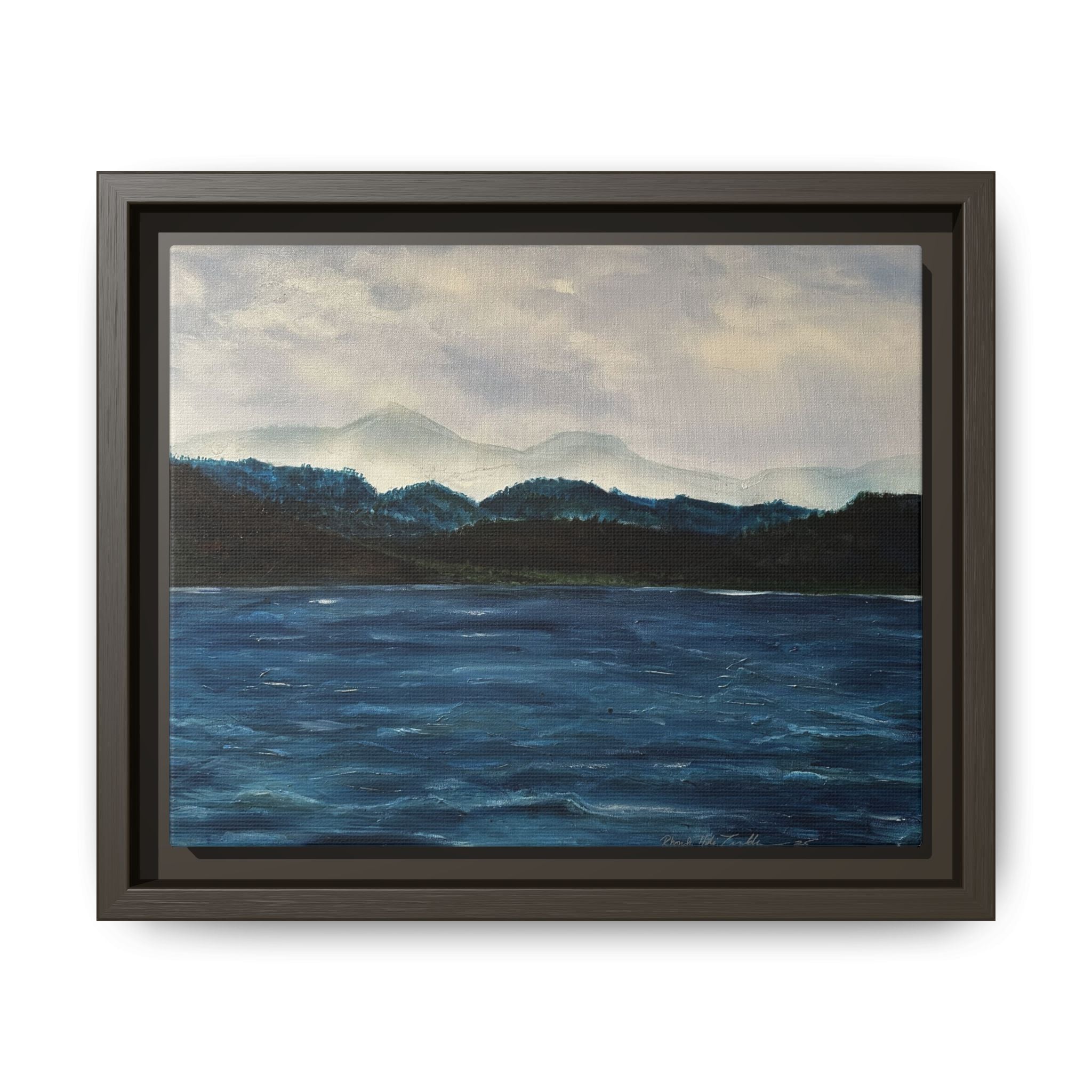 Framed Canvas Print of Original Misty Mountain – Moody Blue Wall Art