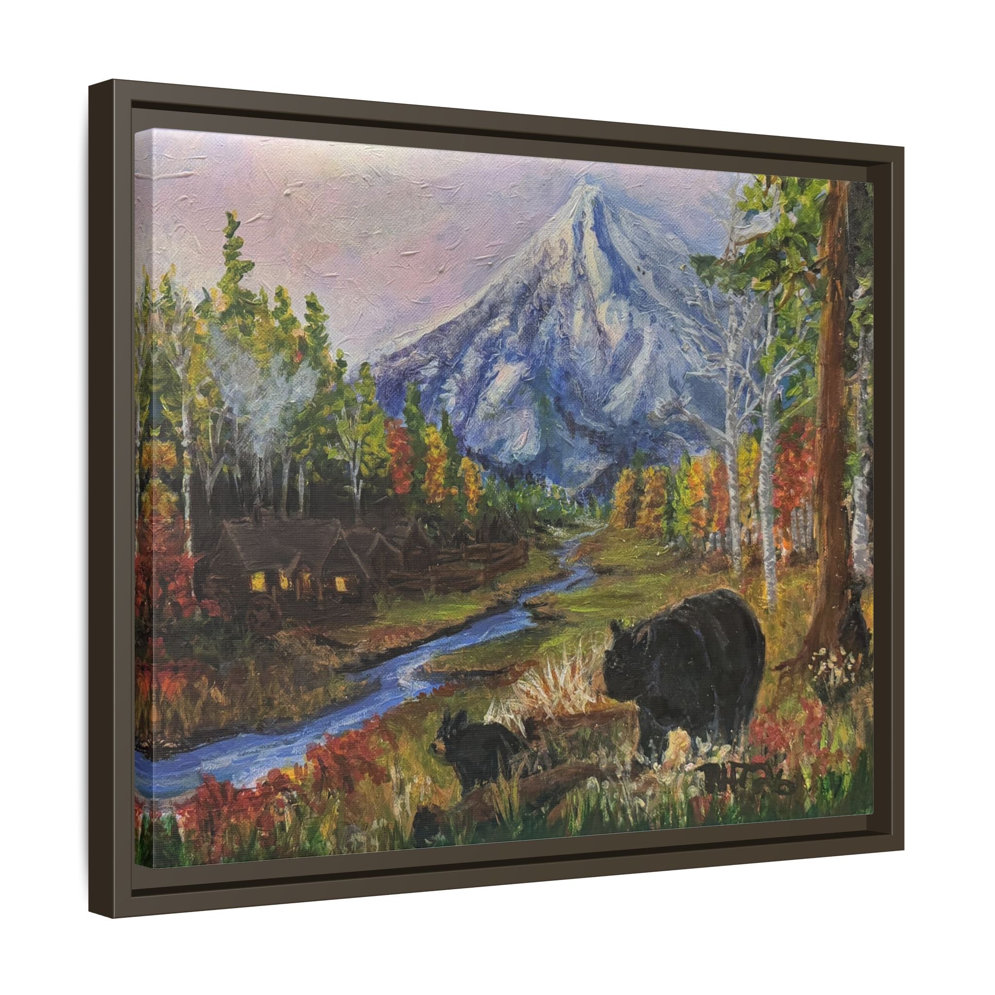 Framed Matte Canvas - Three Bear Stroll  - Mountain Stream with Bears Landscape Wall Art