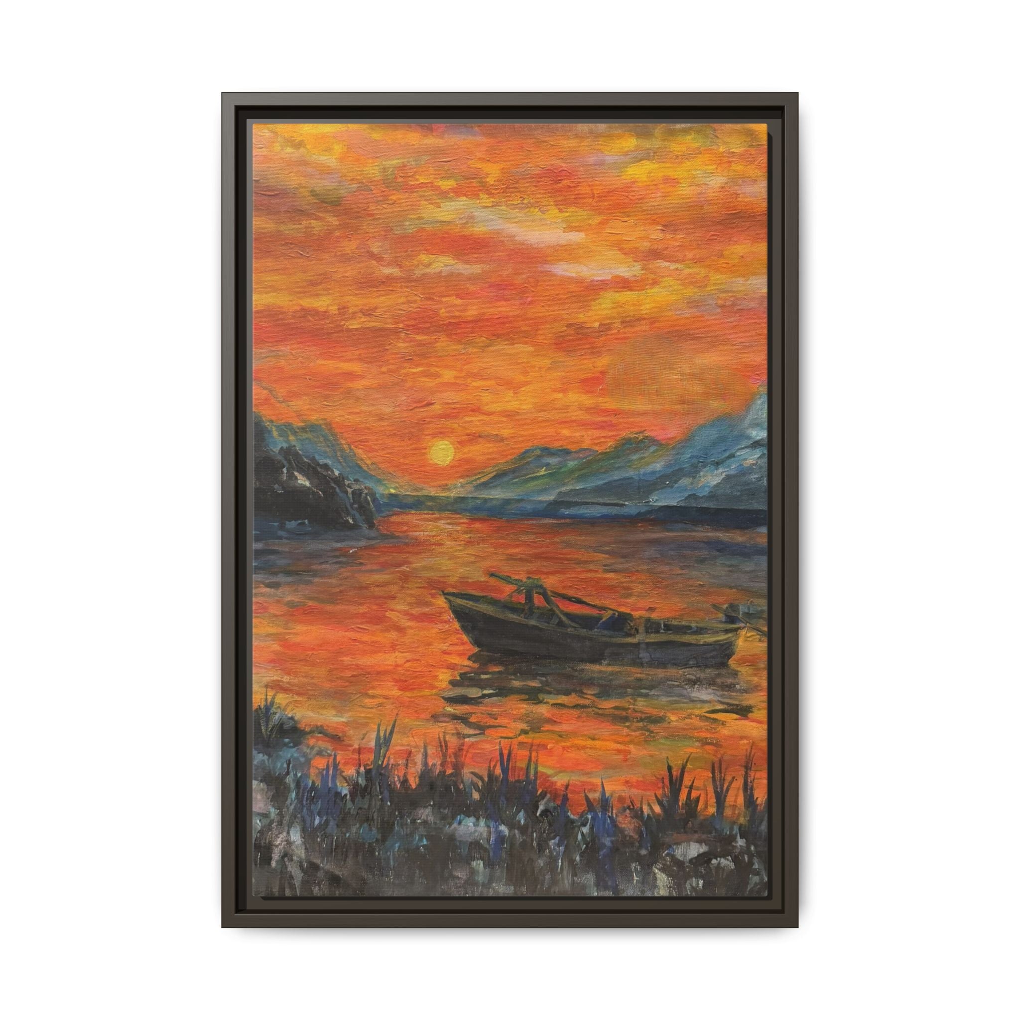 Boat on Sunset Lake Framed Canvas Print of Original — Orange Mountain Lake Wall Art