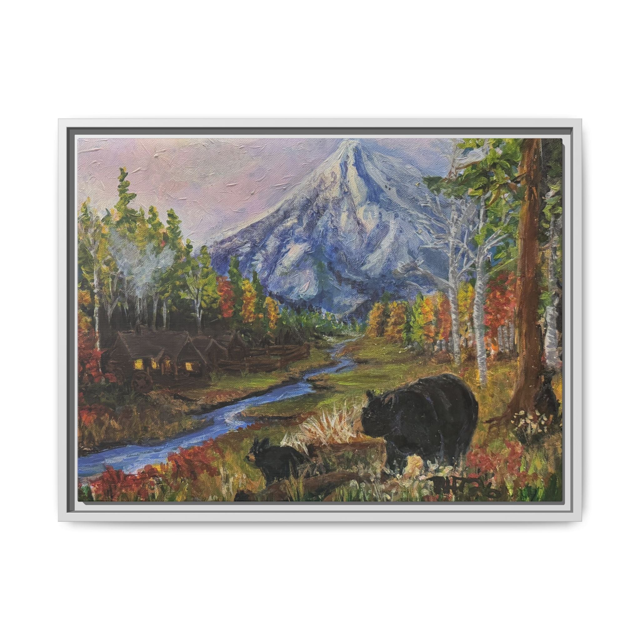 Framed Matte Canvas - Three Bear Stroll  - Mountain Stream with Bears Landscape Wall Art