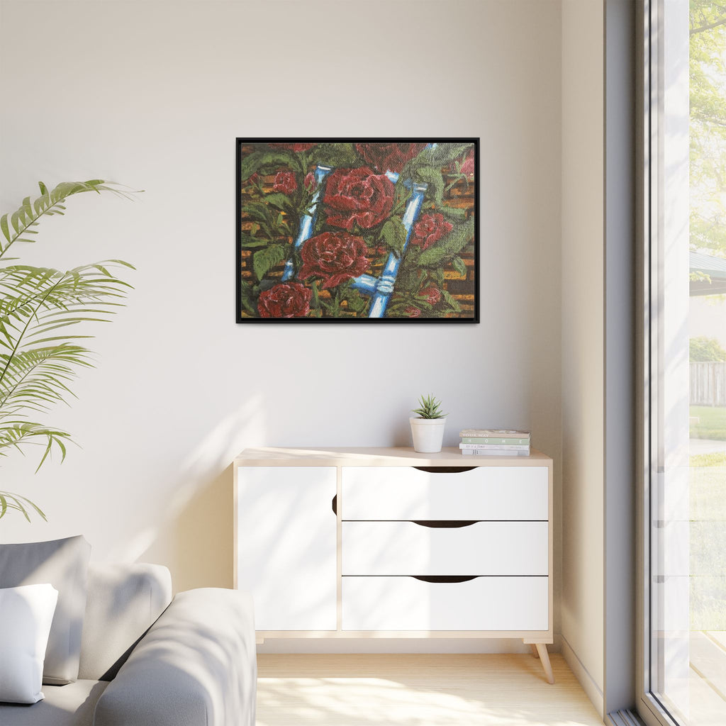 Framed Matte Canvas Art Print of Original Climbing Roses — Red Roses & Blue Ladder Floral Painting