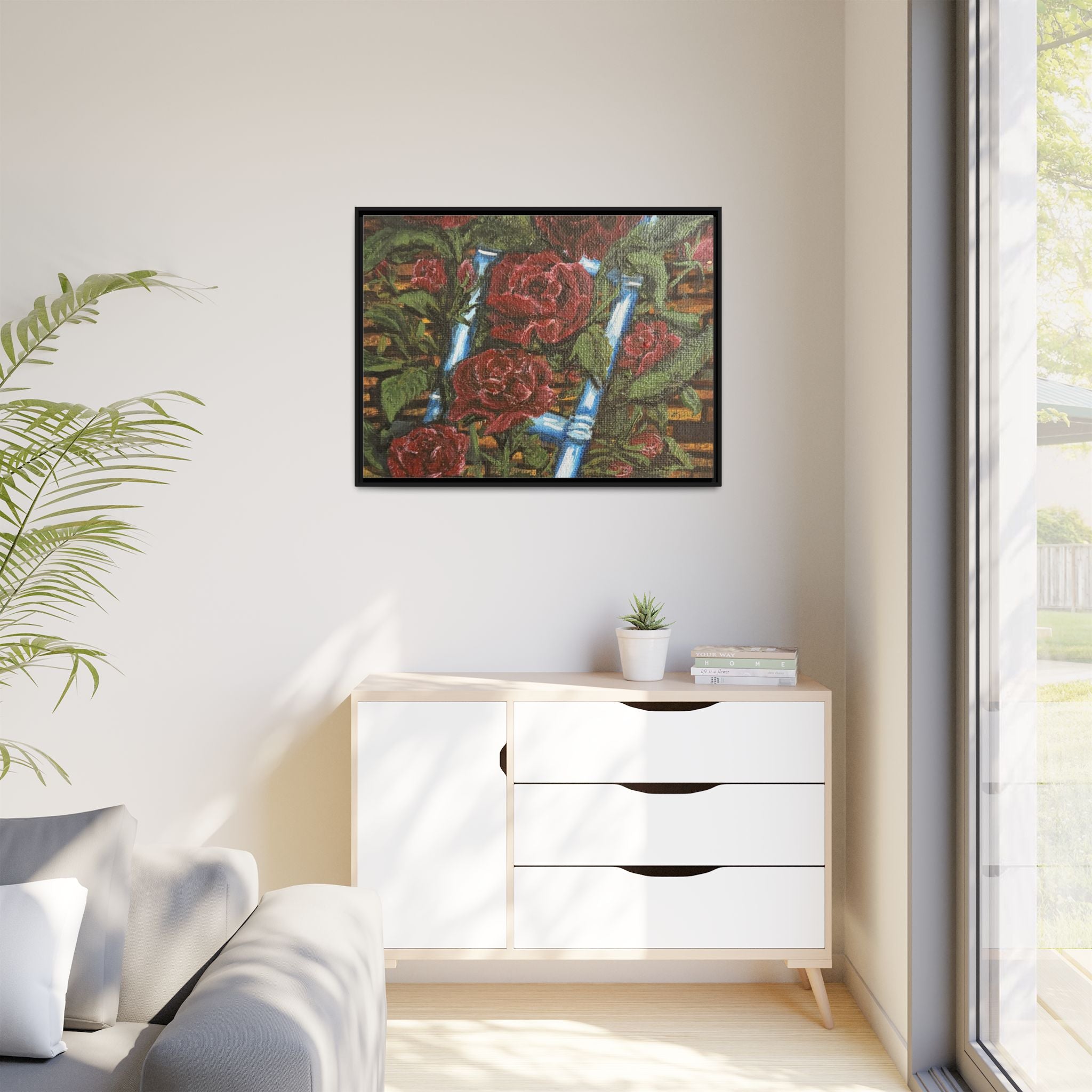 Framed Matte Canvas Art Print of Original Climbing Roses — Red Roses & Blue Ladder Floral Painting