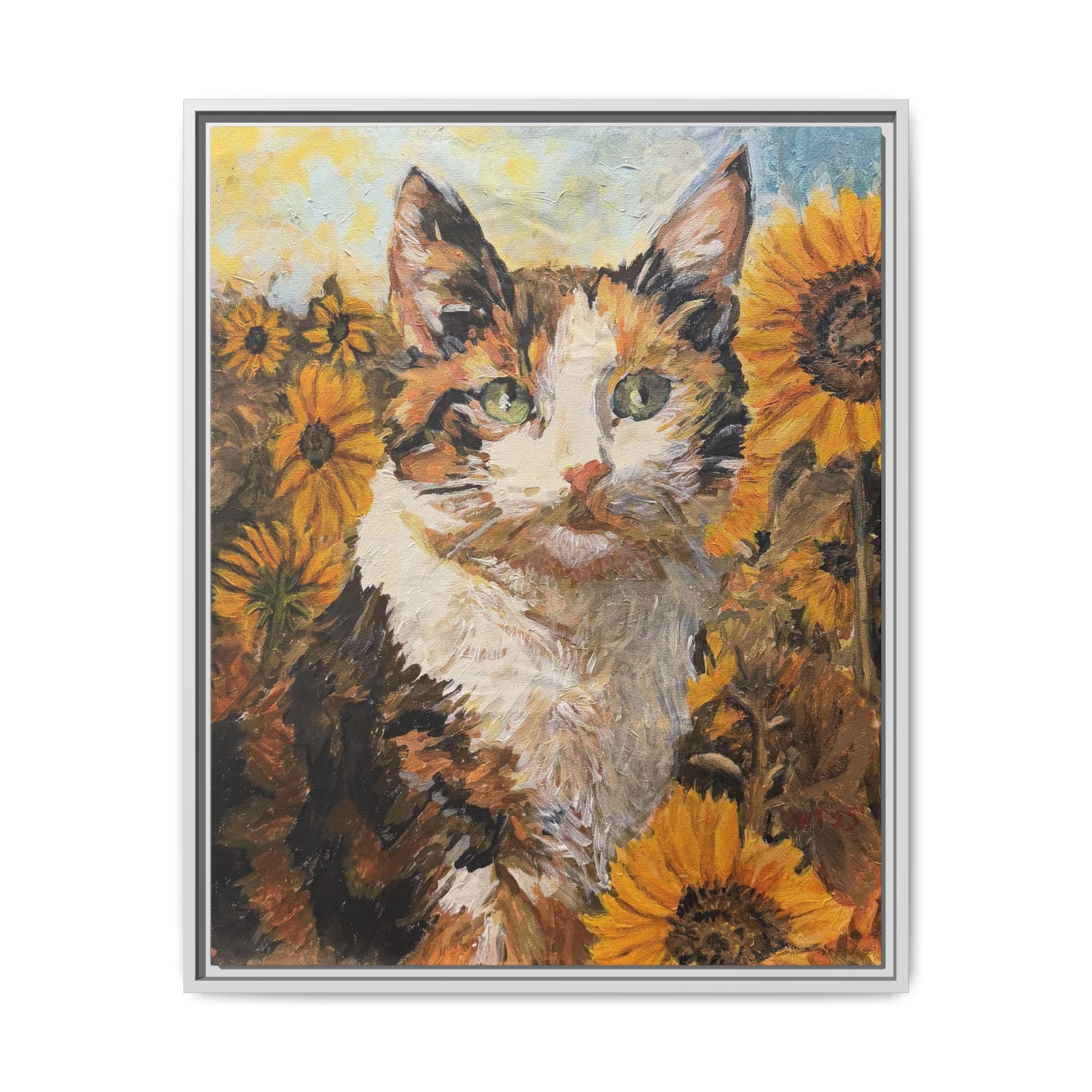 Dixie Cat in Sunflowers — Framed Matte Canvas Wall Art - Print of Original