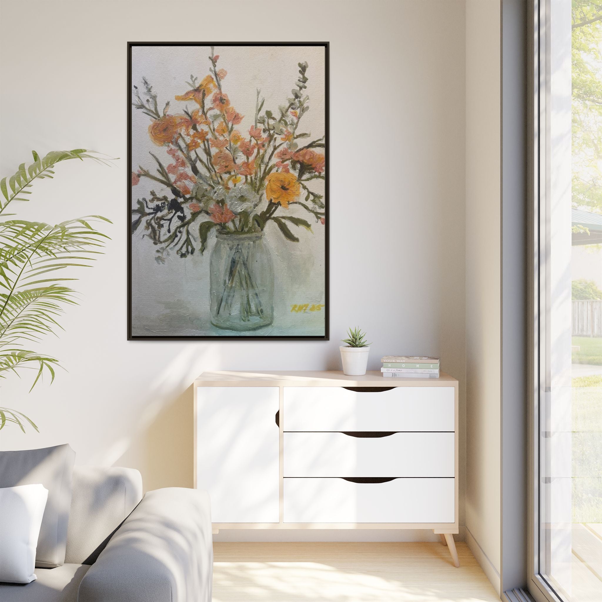 Framed Matte Canvas Art - Flower in Glass Jar Floral Painting Print of Original