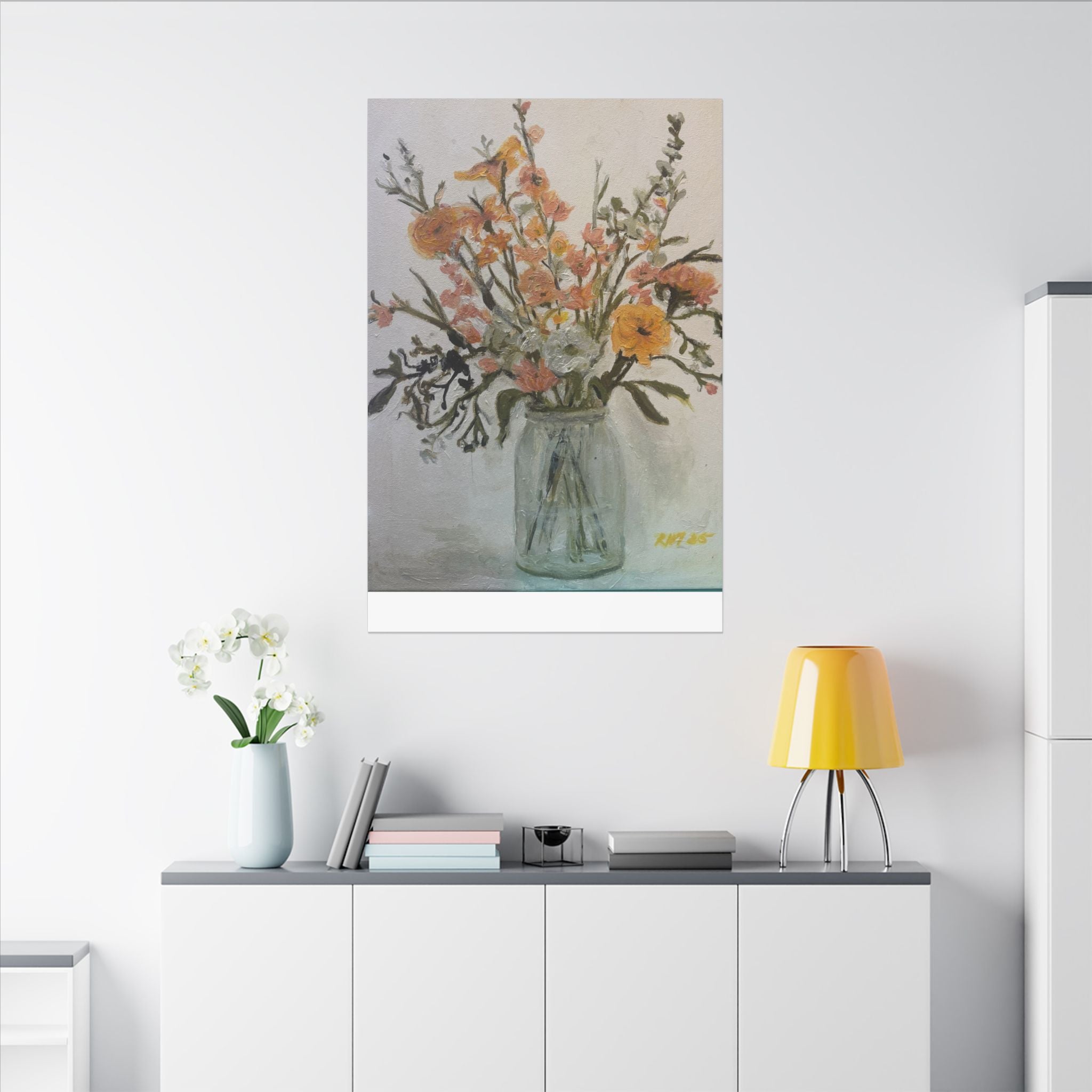Flowers in Glass Jar Matte Canvas Print of Original— Rustic Cottage Wall Art
