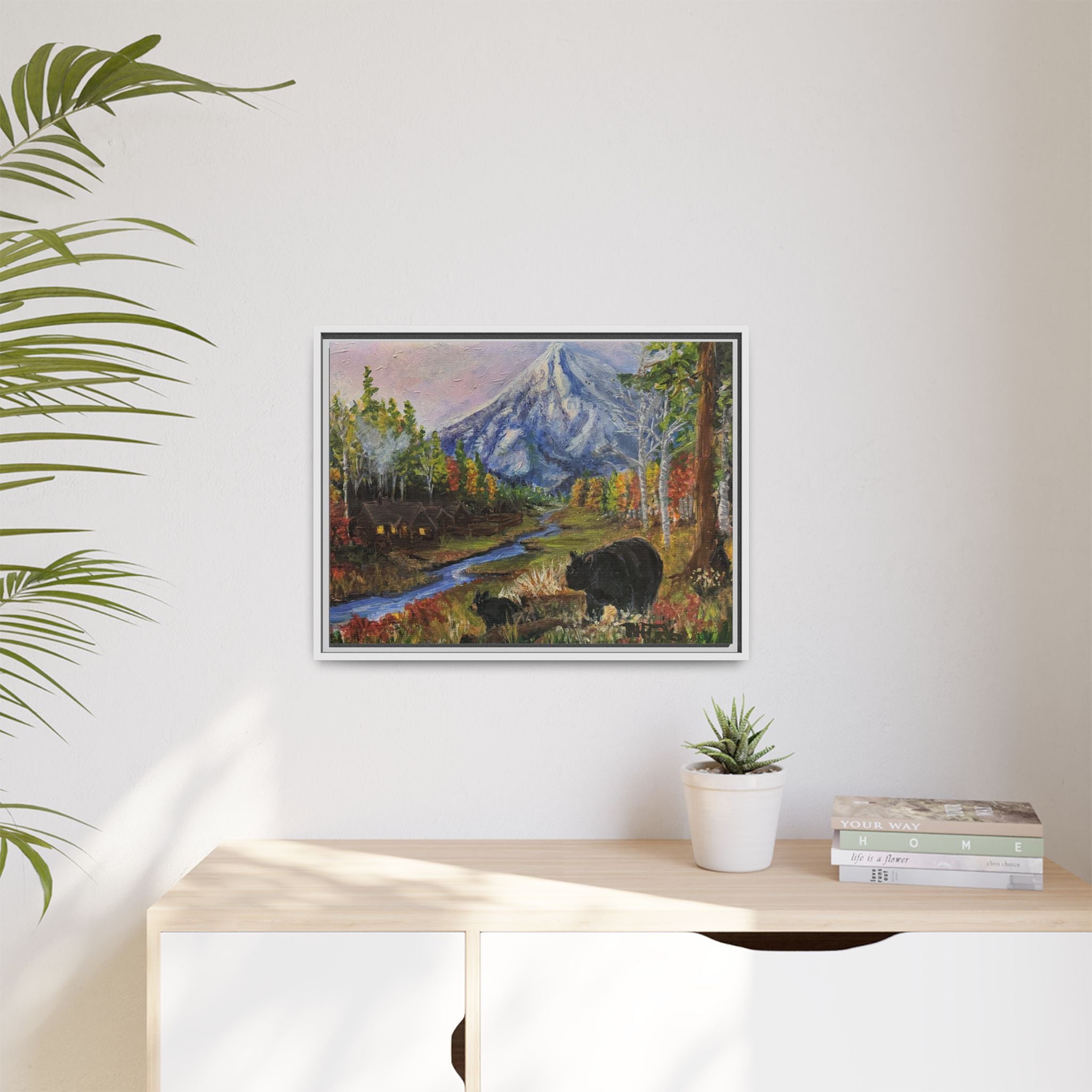 Framed Matte Canvas - Three Bear Stroll  - Mountain Stream with Bears Landscape Wall Art