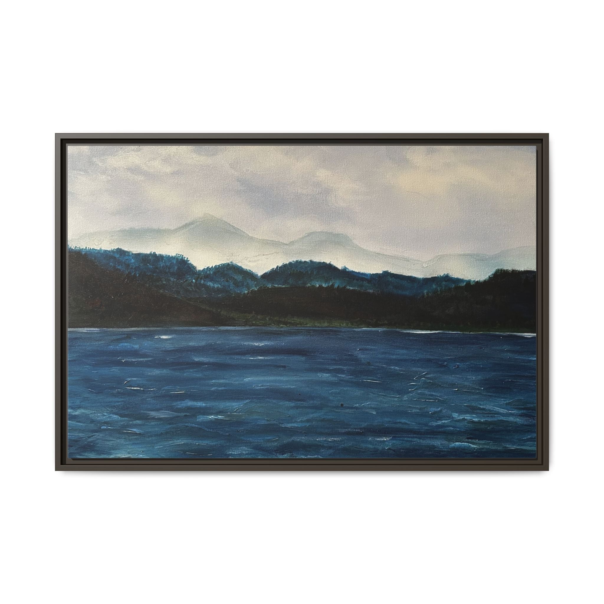 Framed Canvas Print of Original Misty Mountain – Moody Blue Wall Art