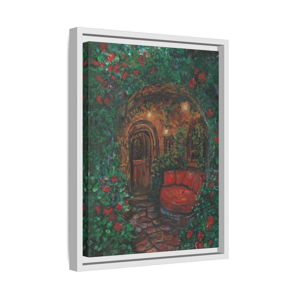 Framed Matte Canvas Art – Cozy Garden Doorway with Red Chair Print of Original Hidden Doorway