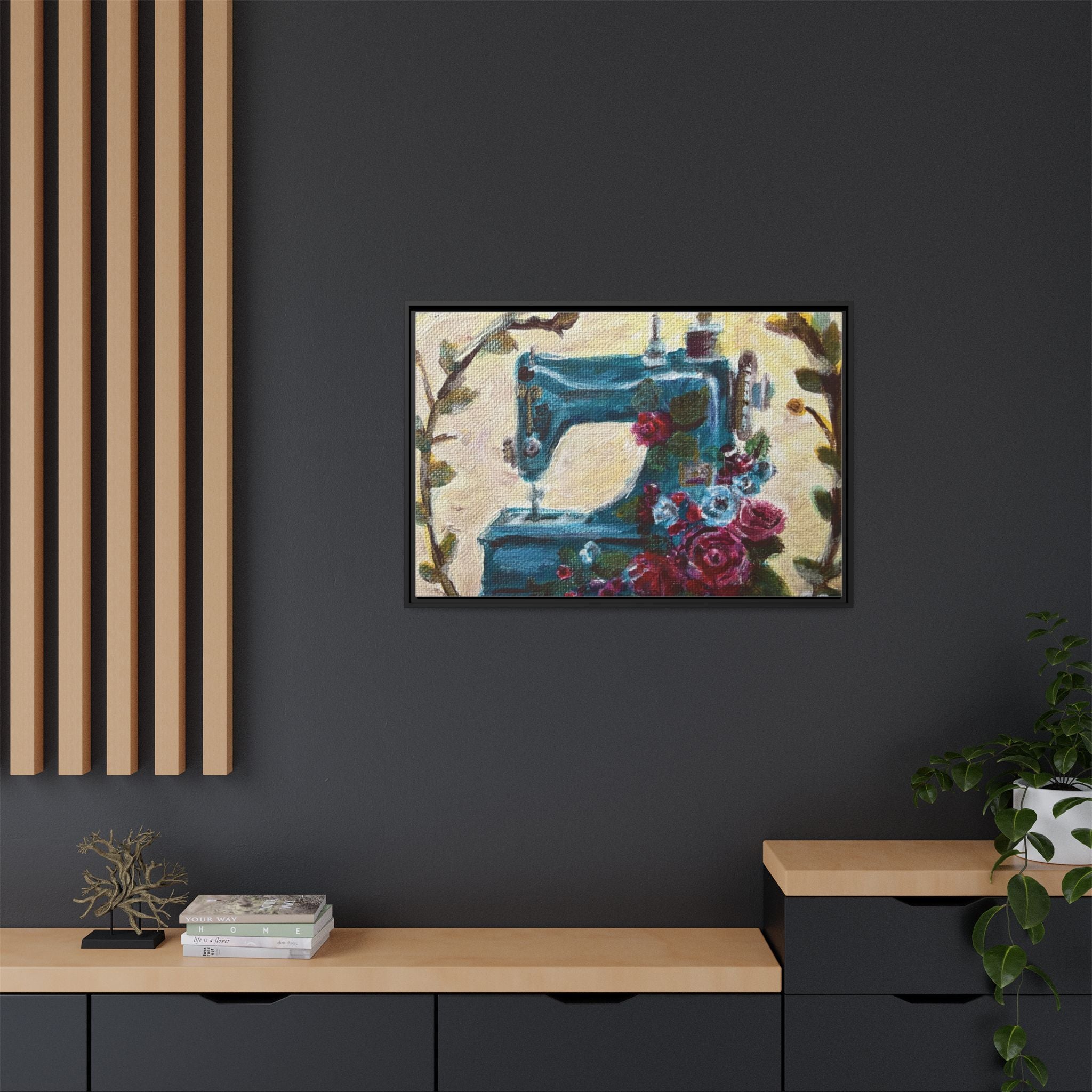 Framed Canvas Wall Art — Vintage Sewing Machine with Roses - Framed Print of the Original Grandma's Sewing Machine