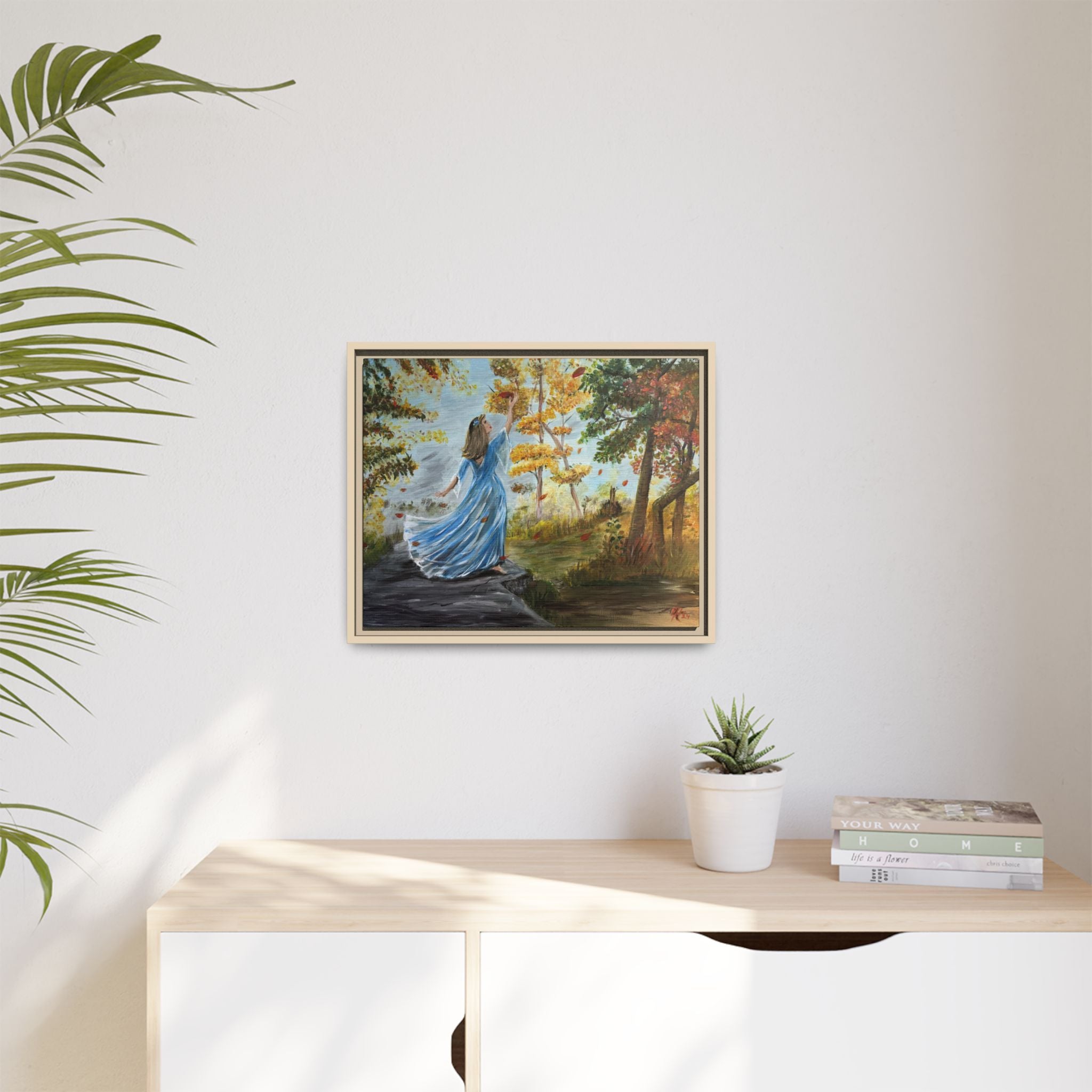 Autumn Breeze Canvas Print — Woman in Blue Dress Framed Wall Art