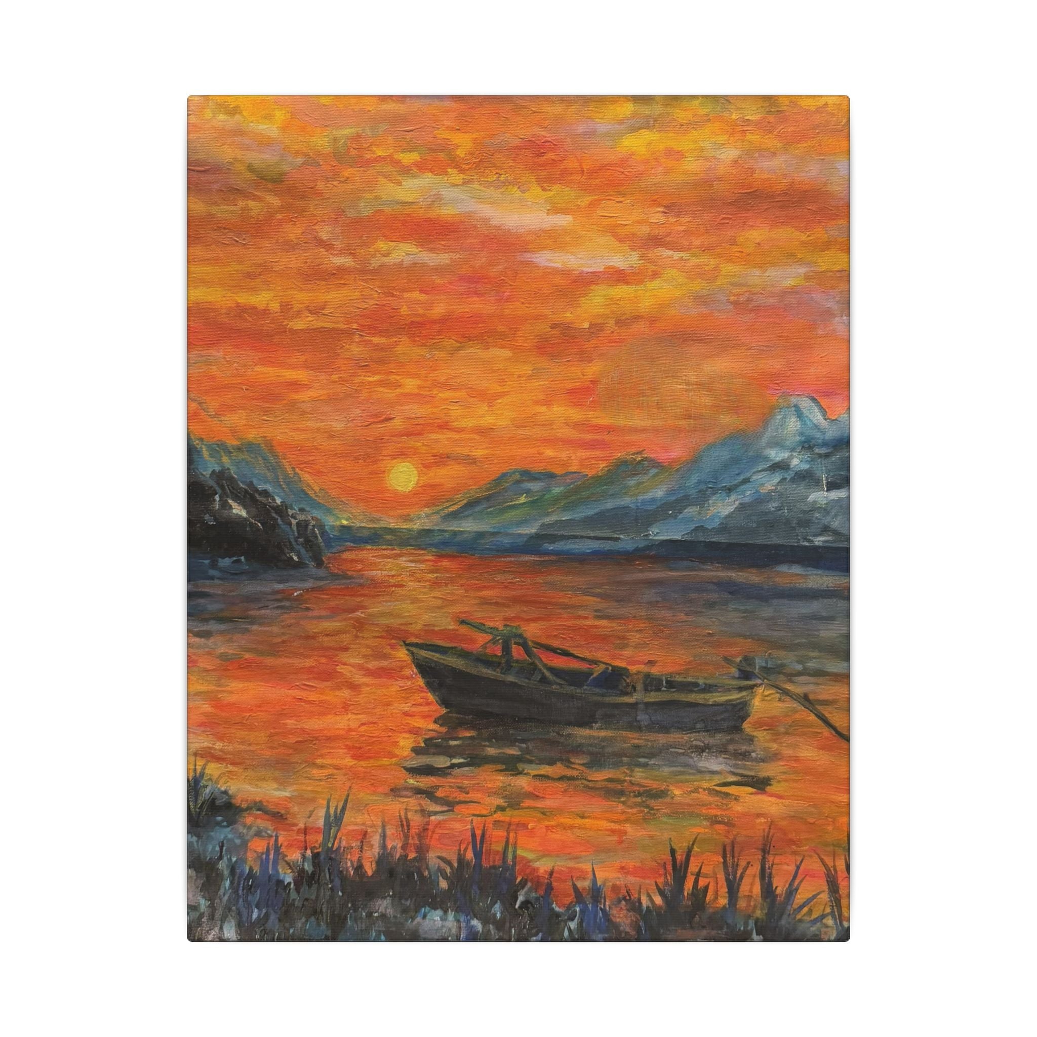 Boat on Sunset Lake Canvas Wall Art Print of Original— Orange Seascape Landscape Print