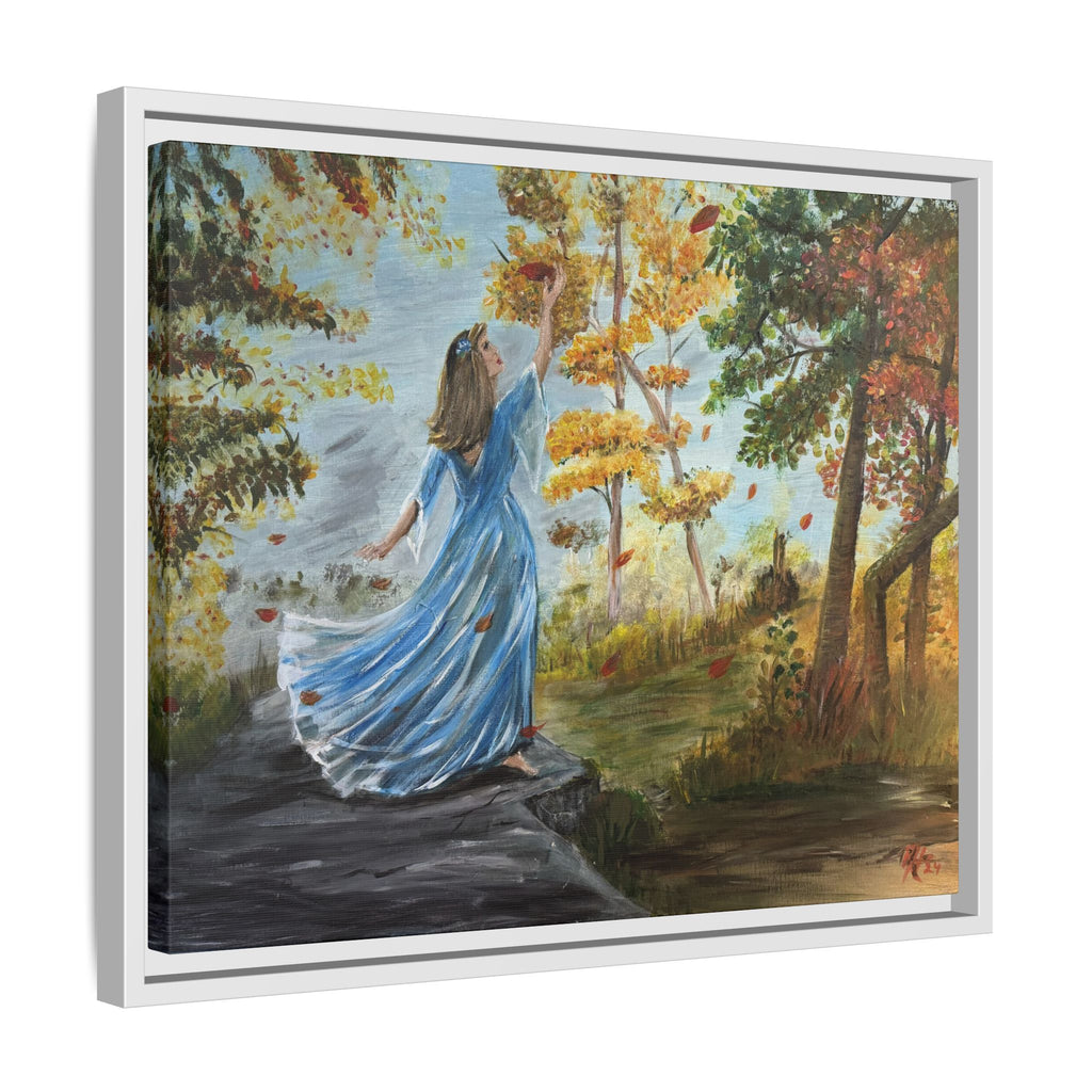 Autumn Breeze Canvas Print — Woman in Blue Dress Framed Wall Art