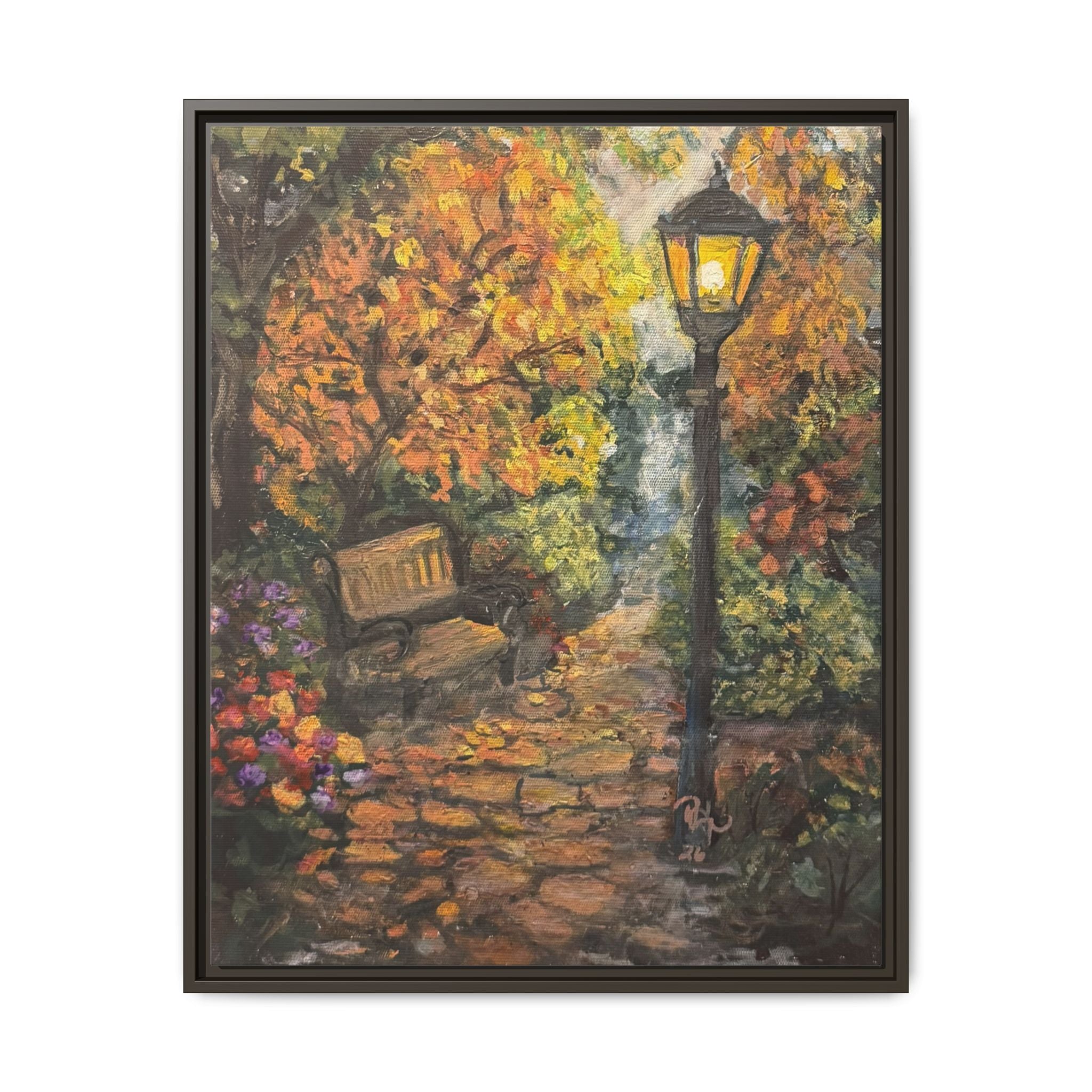 Framed Matte Canvas Art — Autumn Park Bench with Lamp Post (Cozy Fall Wall Decor)