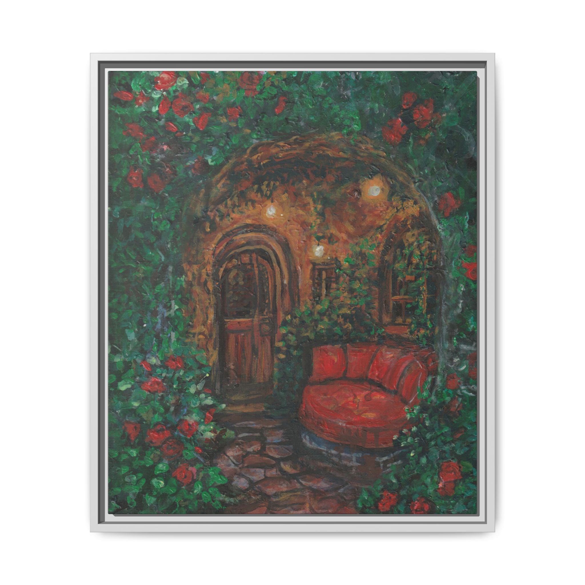 Framed Matte Canvas Art – Cozy Garden Doorway with Red Chair Print of Original Hidden Doorway