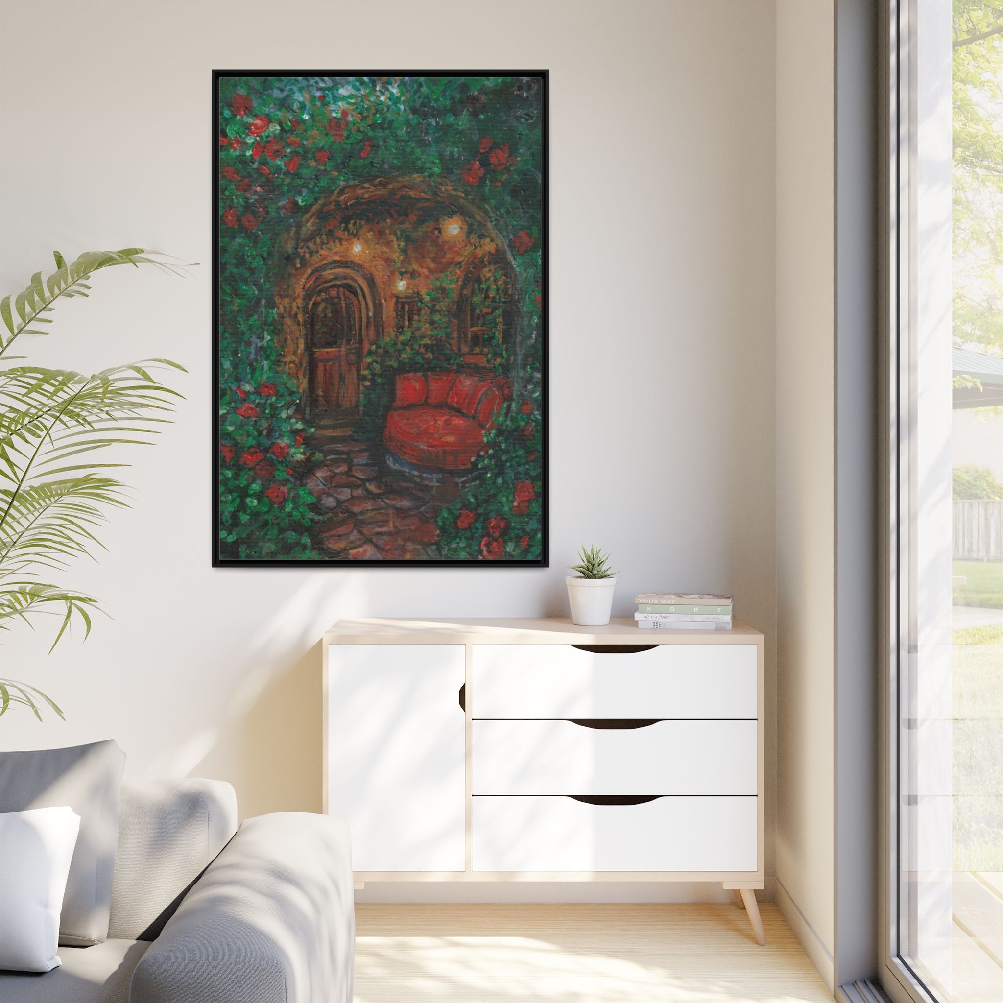 Framed Matte Canvas Art – Cozy Garden Doorway with Red Chair Print of Original Hidden Doorway