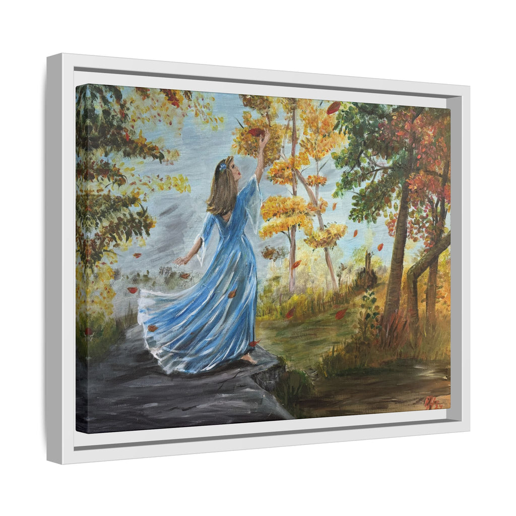 Autumn Breeze Canvas Print — Woman in Blue Dress Framed Wall Art