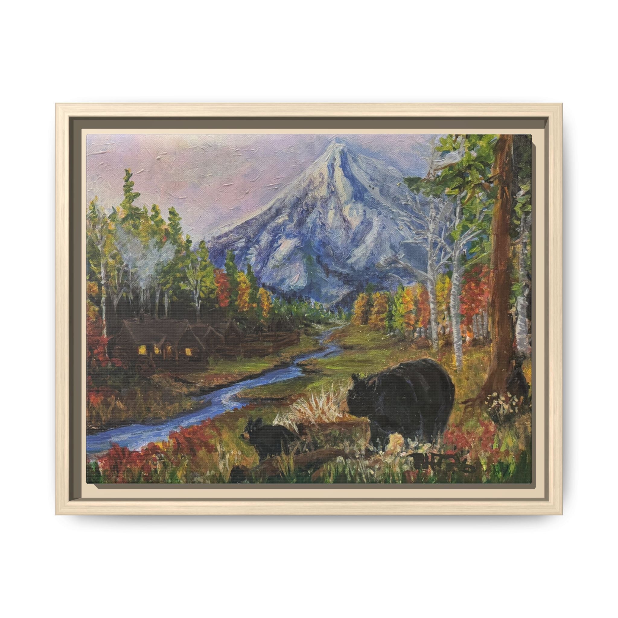 Framed Matte Canvas - Three Bear Stroll  - Mountain Stream with Bears Landscape Wall Art