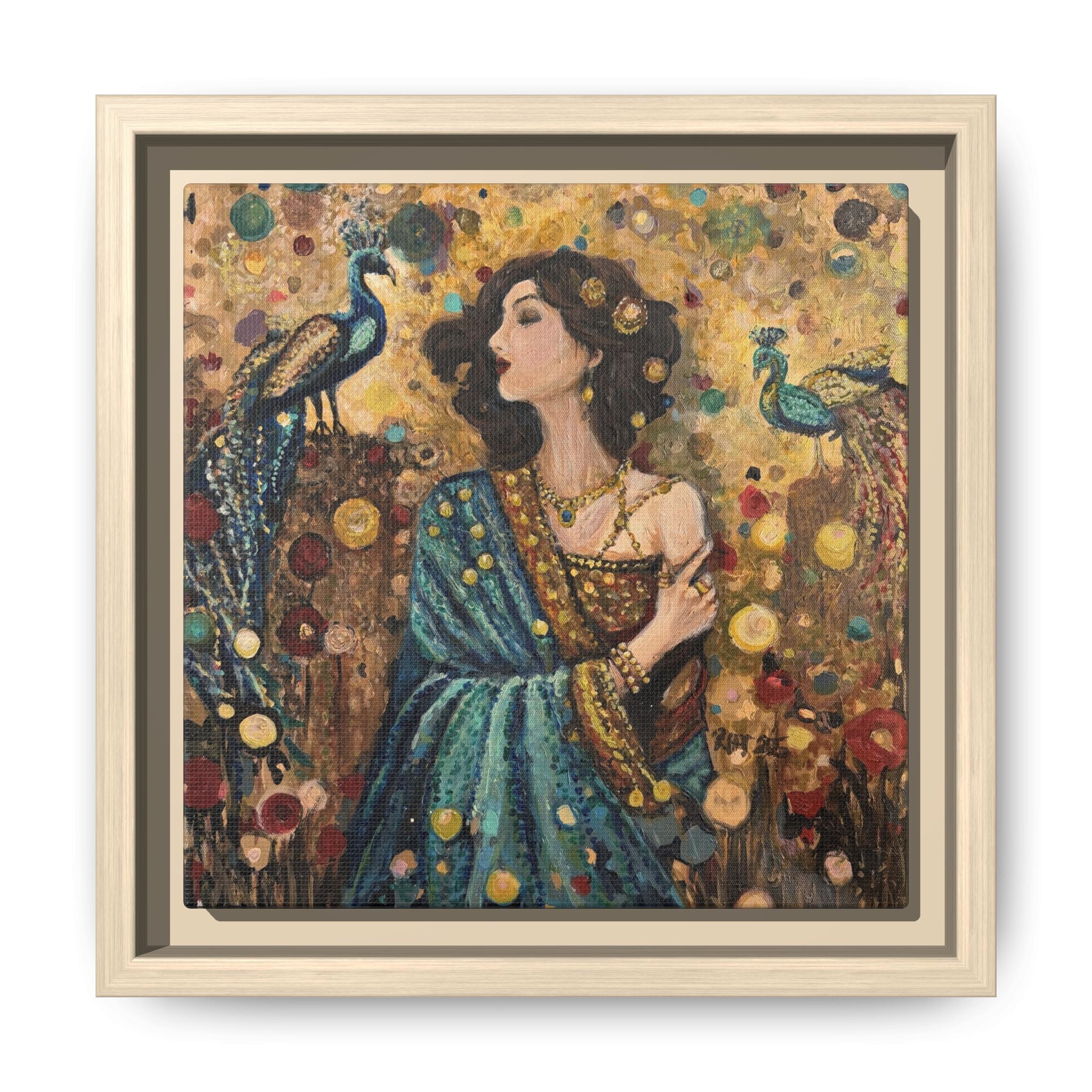 Gilded Peacock Muse Framed Canvas Art Print of Original— Bohemian Floral Decorative Print