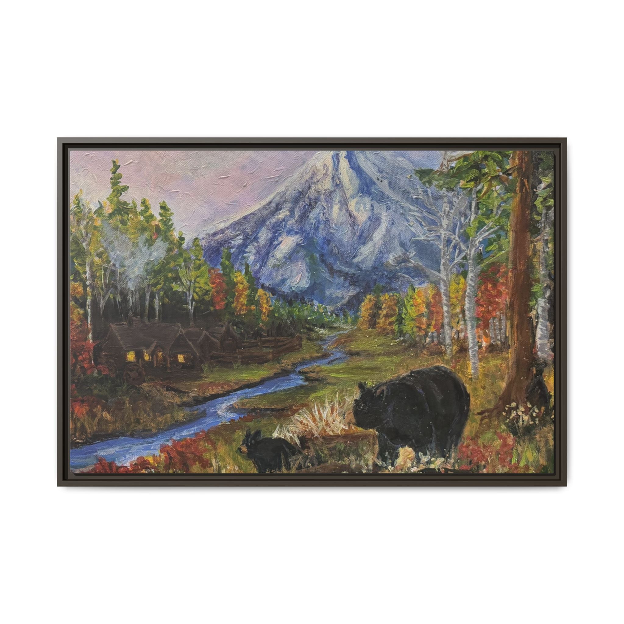 Framed Matte Canvas - Three Bear Stroll  - Mountain Stream with Bears Landscape Wall Art