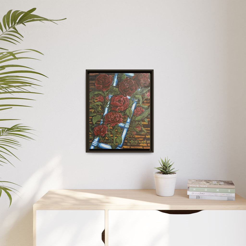 Framed Matte Canvas Art Print of Original Climbing Roses — Red Roses & Blue Ladder Floral Painting