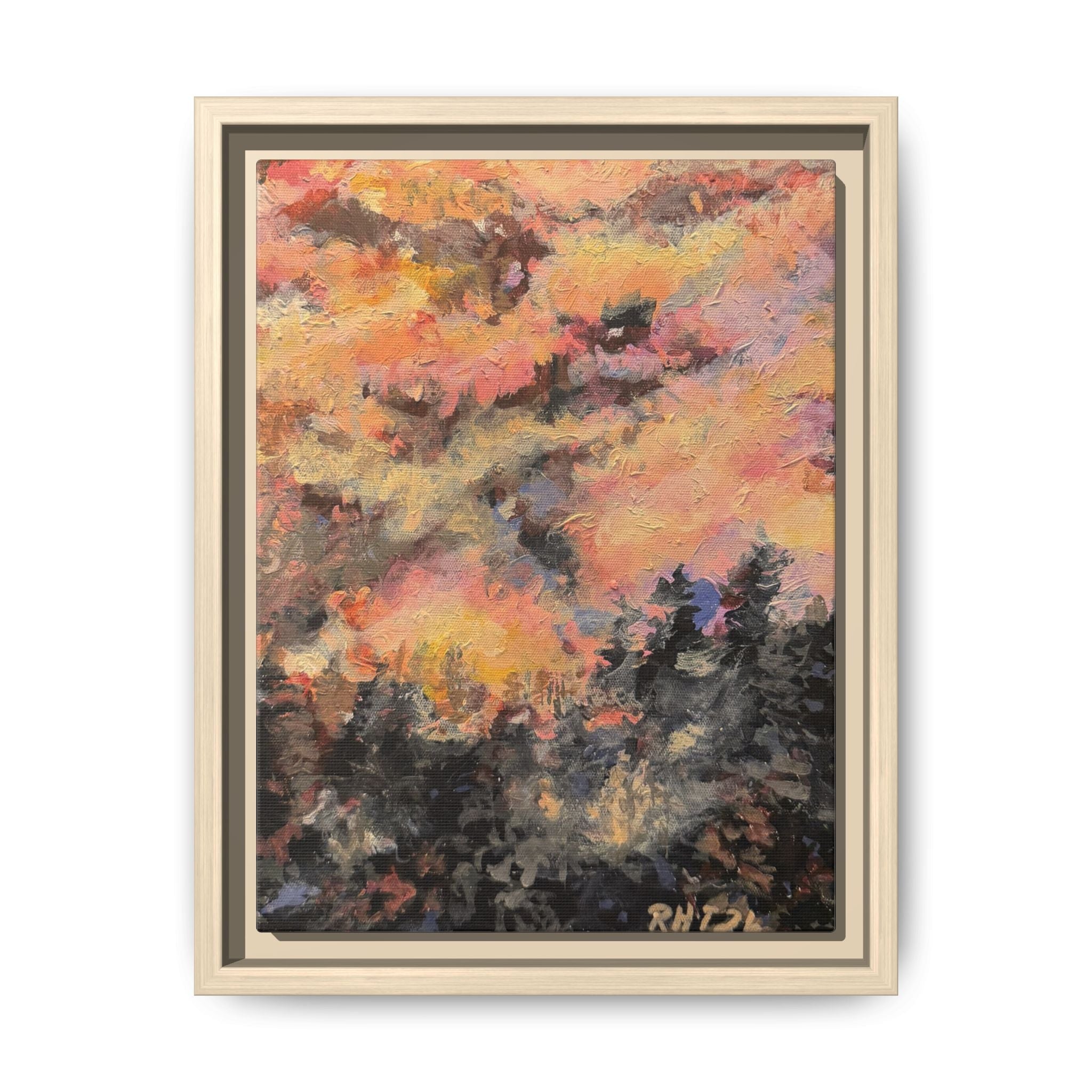 Framed Matte Canvas Art of Original Mistbow Mountain - Moody Sunset Forest Abstract