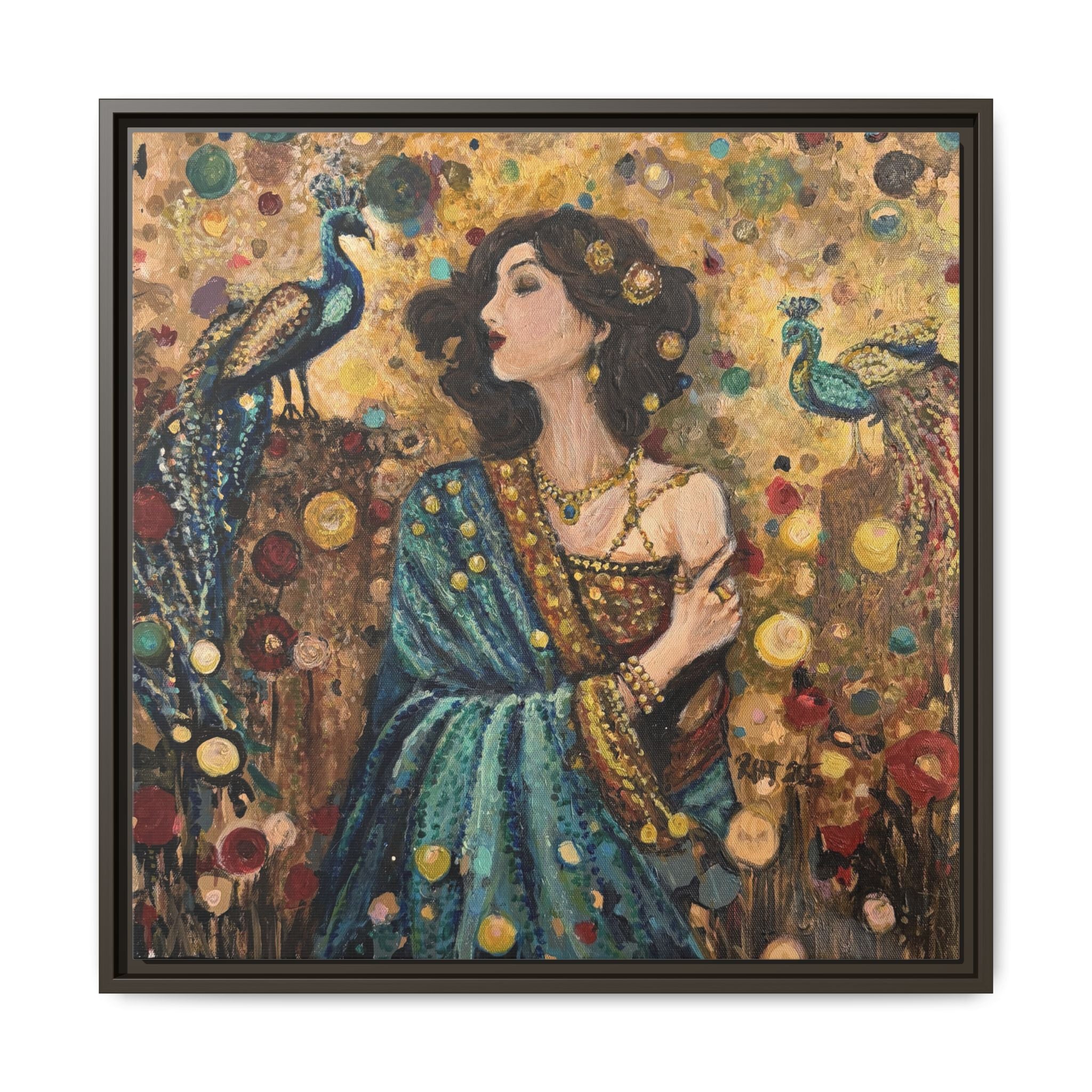 Gilded Peacock Muse Framed Canvas Art Print of Original— Bohemian Floral Decorative Print