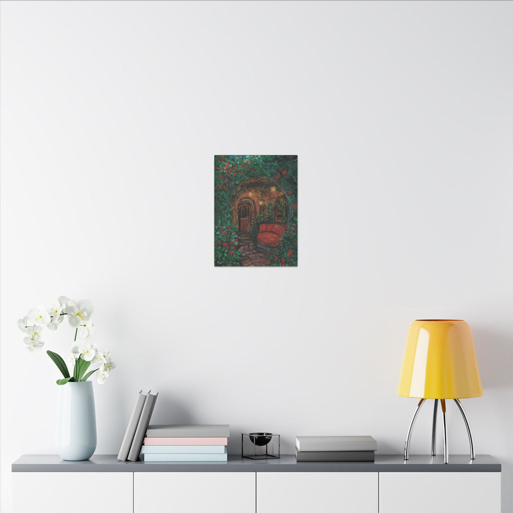 Hidden Entrance Canvas Art - Cozy Red Chair Doorway Painting Print of Original