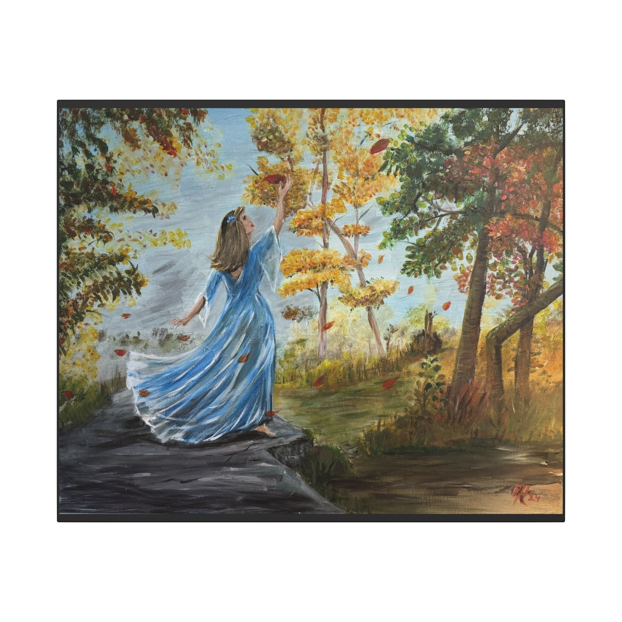 Autumn Breeze Matte Canvas Art Print – Woman in Blue Dress Fall Landscape