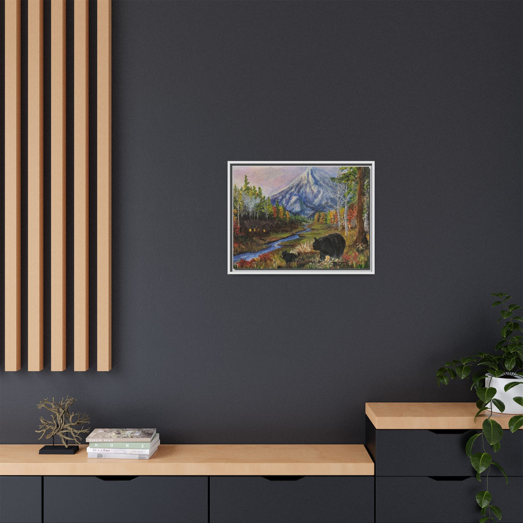 Framed Matte Canvas - Three Bear Stroll  - Mountain Stream with Bears Landscape Wall Art