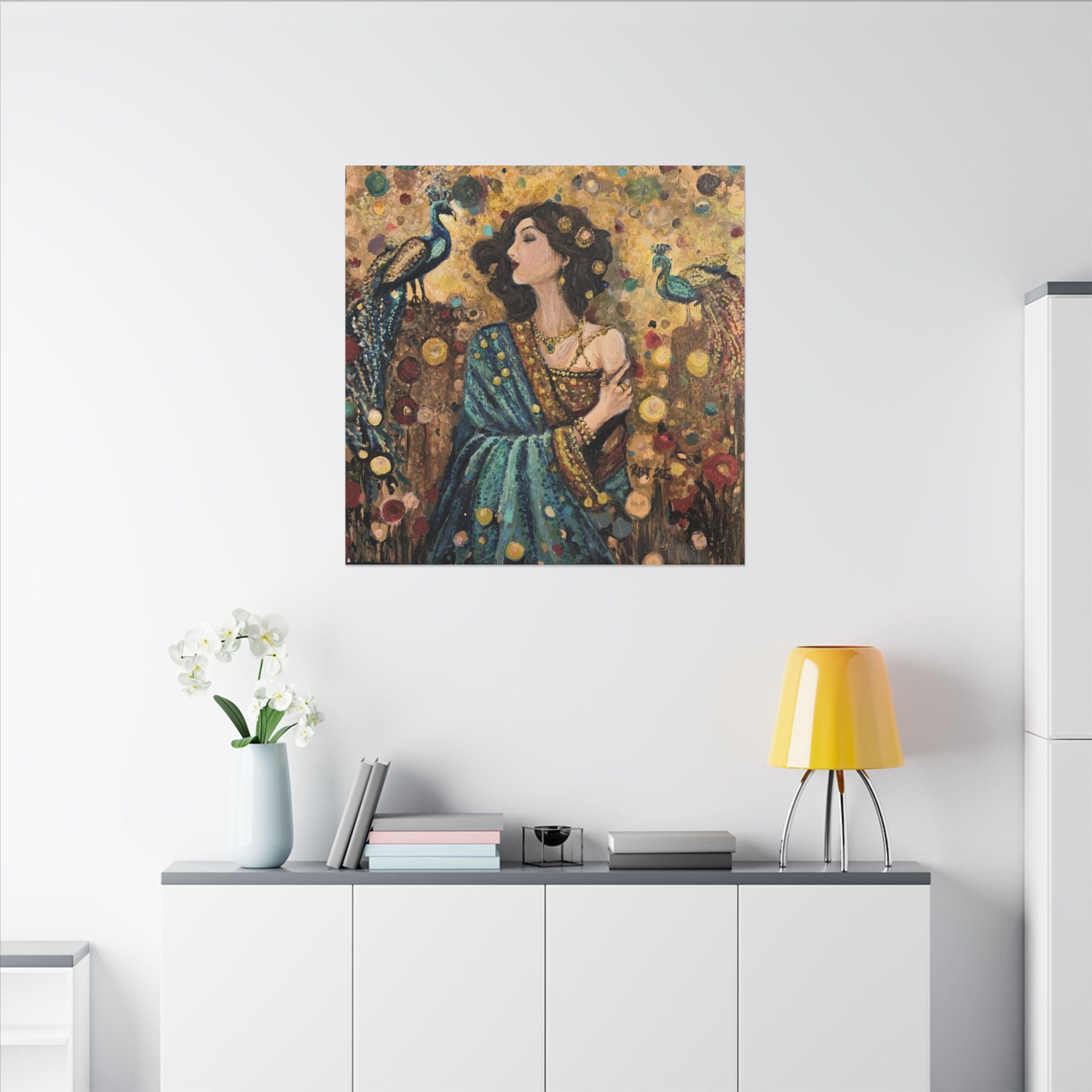 Gilded Peacock Muse Matte Canvas Wall Art  Print of Original— Stretched Decorative Painting