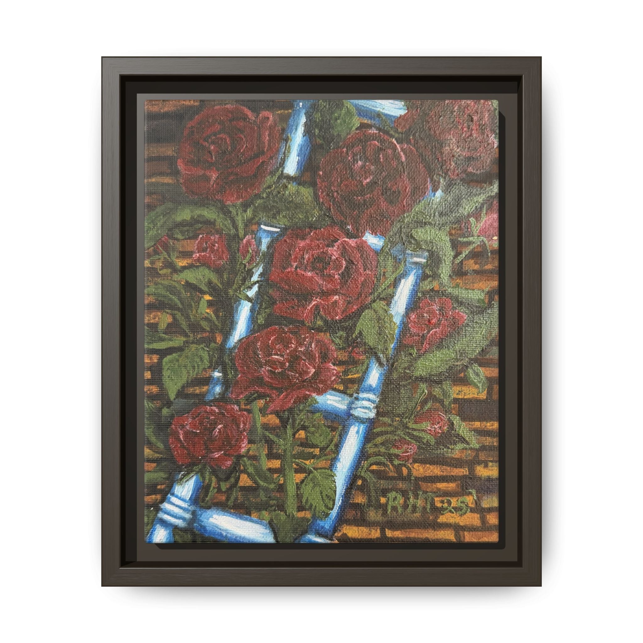 Framed Matte Canvas Art Print of Original Climbing Roses — Red Roses & Blue Ladder Floral Painting