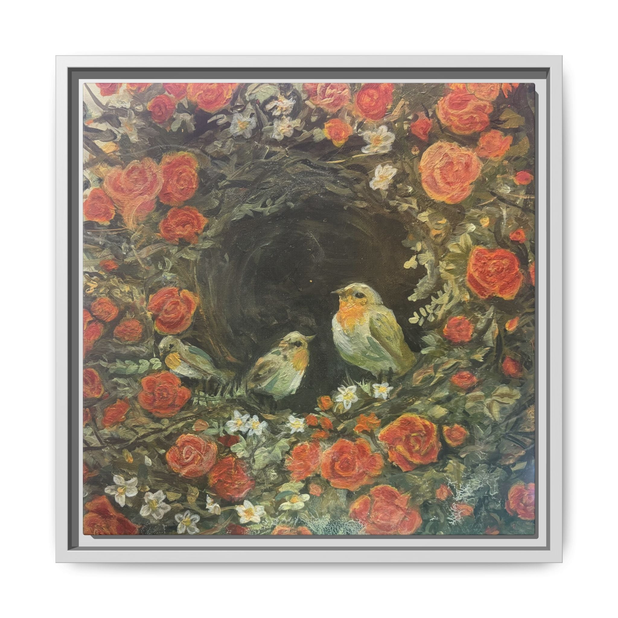 Framed Canvas Art - 'Nest of Roses' Botanical Bird Print