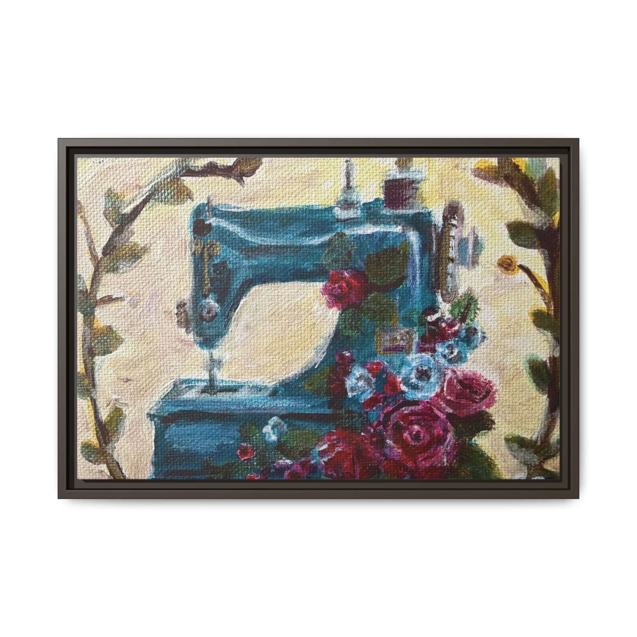 Framed Canvas Wall Art — Vintage Sewing Machine with Roses - Framed Print of the Original Grandma's Sewing Machine