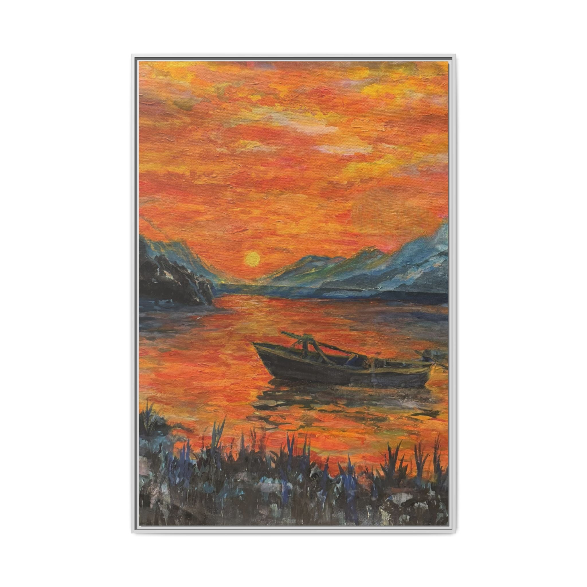 Boat on Sunset Lake Framed Canvas Print of Original — Orange Mountain Lake Wall Art