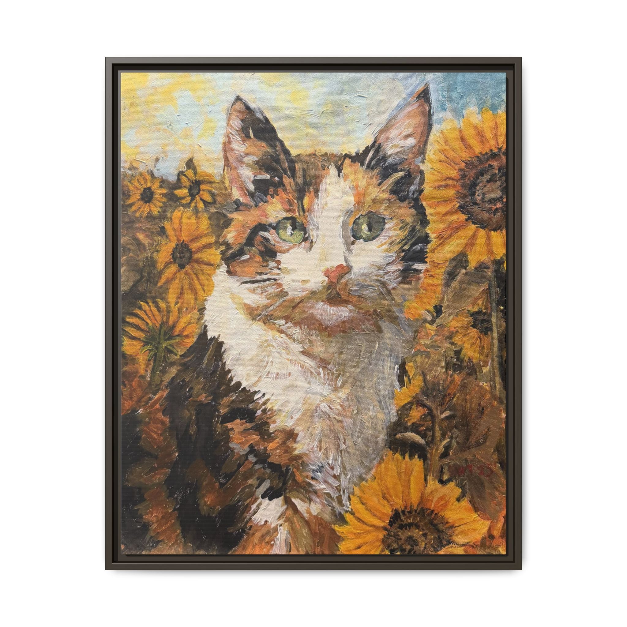 Dixie Cat in Sunflowers — Framed Matte Canvas Wall Art - Print of Original