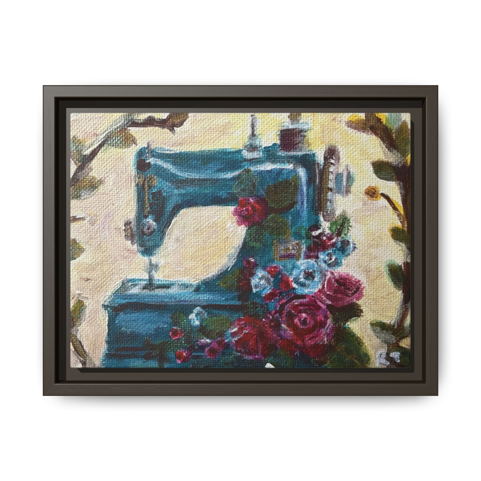 Framed Canvas Wall Art — Vintage Sewing Machine with Roses - Framed Print of the Original Grandma's Sewing Machine