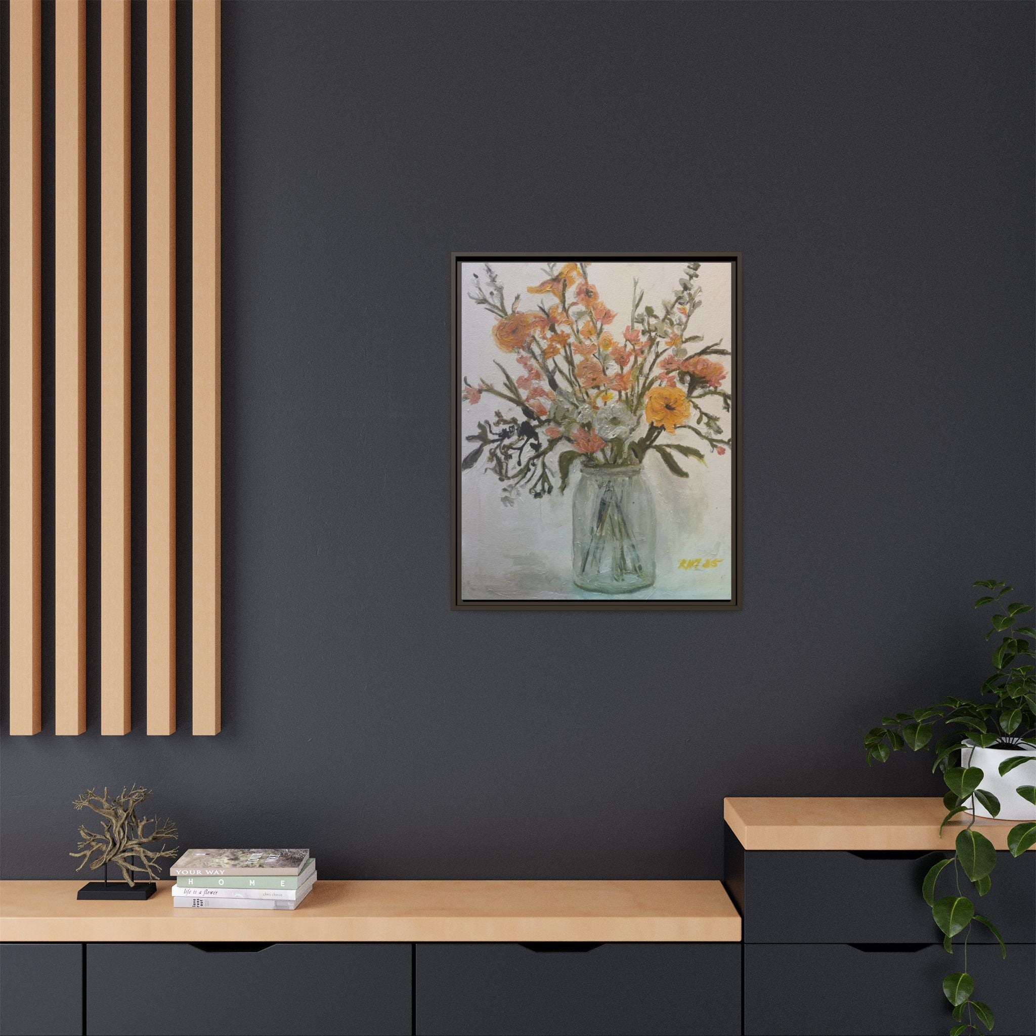 Framed Matte Canvas Art - Flower in Glass Jar Floral Painting Print of Original
