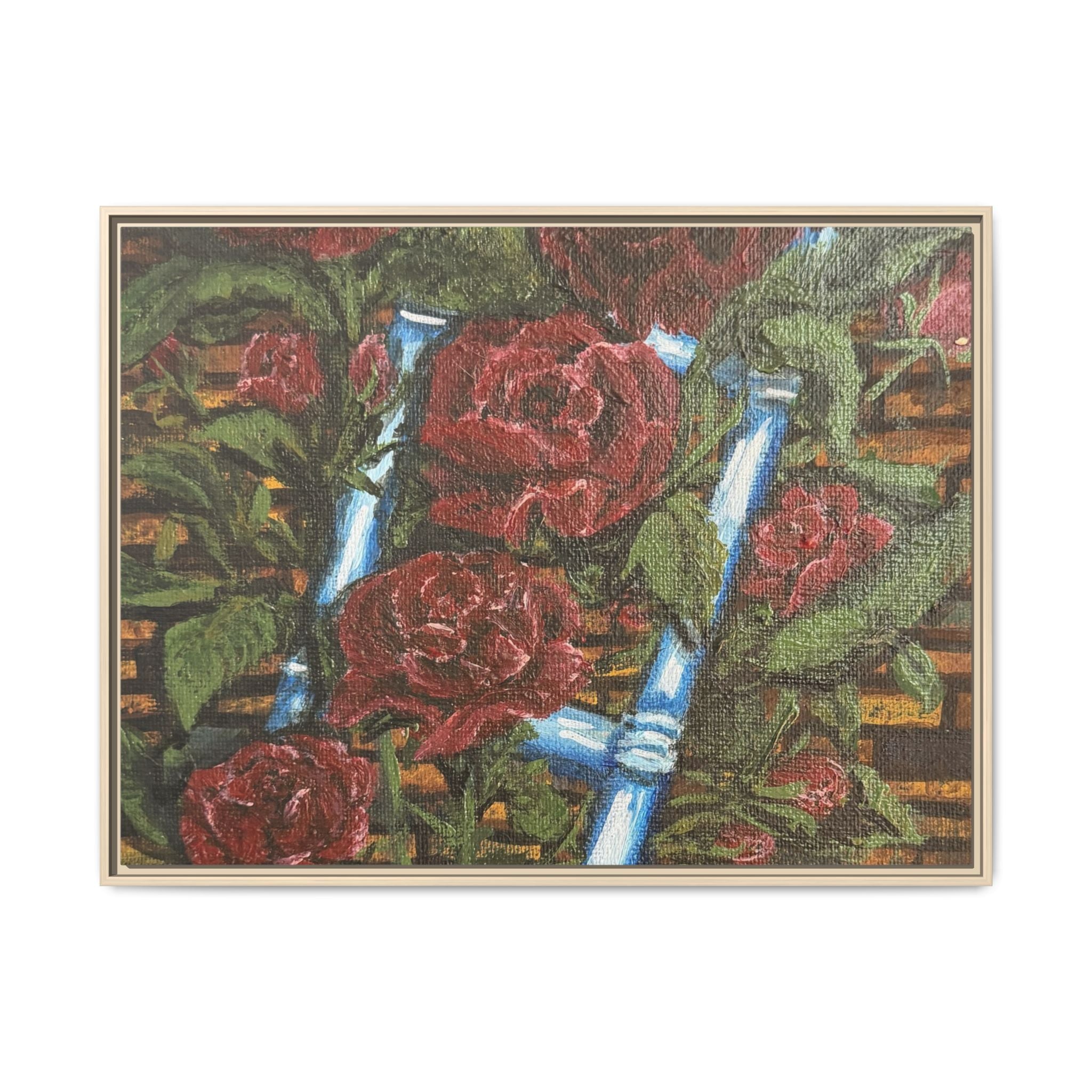 Framed Matte Canvas Art Print of Original Climbing Roses — Red Roses & Blue Ladder Floral Painting