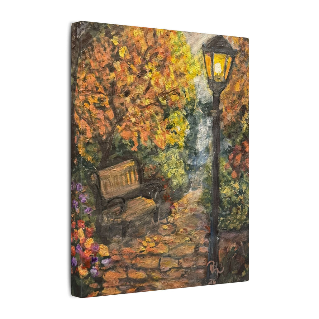 Autumn Evening in the Park Canvas Print of Original— Lantern & Bench Fall Wall Decor