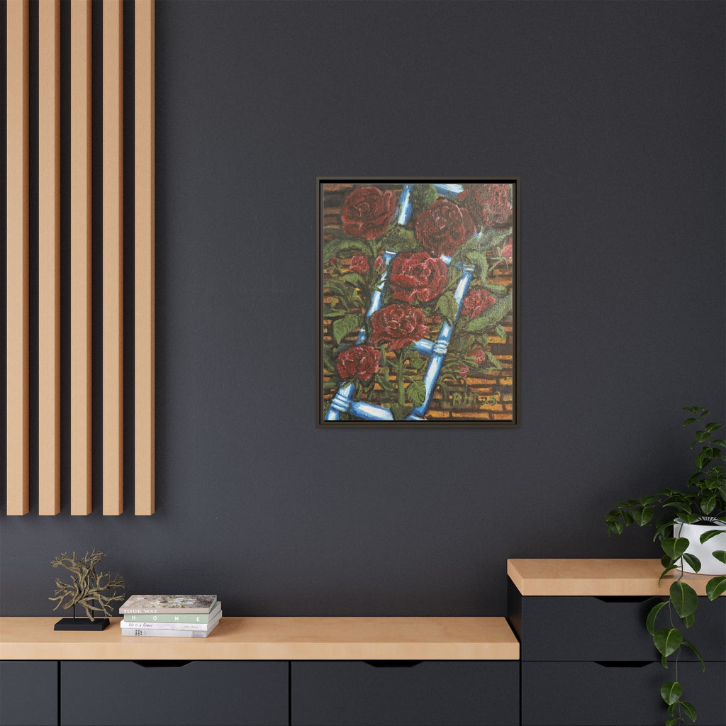 Framed Matte Canvas Art Print of Original Climbing Roses — Red Roses & Blue Ladder Floral Painting