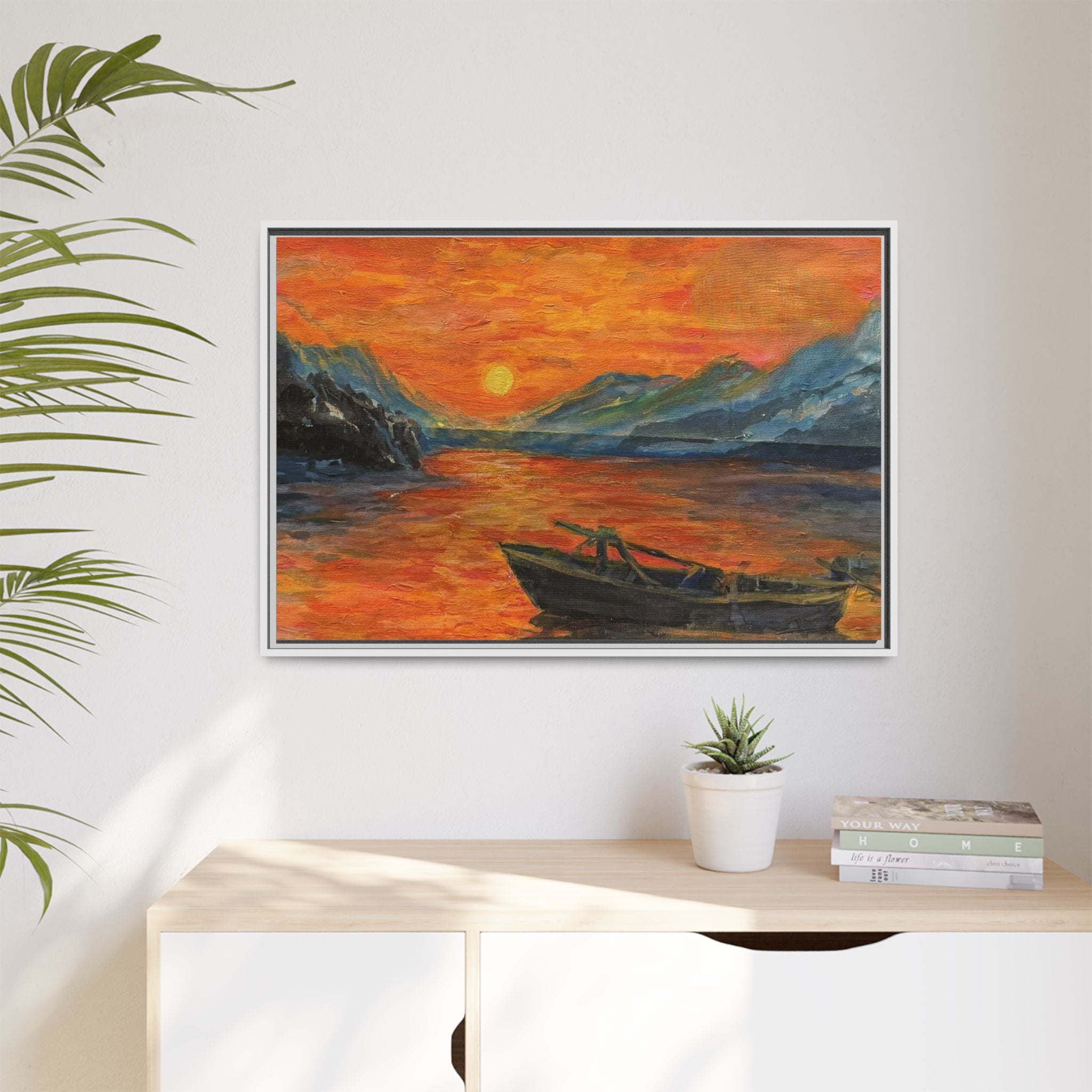 Boat on Sunset Lake Framed Canvas Print of Original — Orange Mountain Lake Wall Art