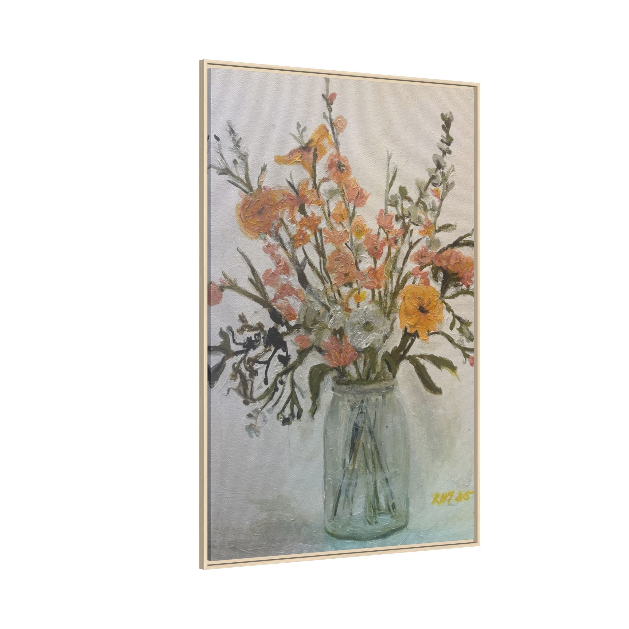 Framed Matte Canvas Art - Flower in Glass Jar Floral Painting Print of Original